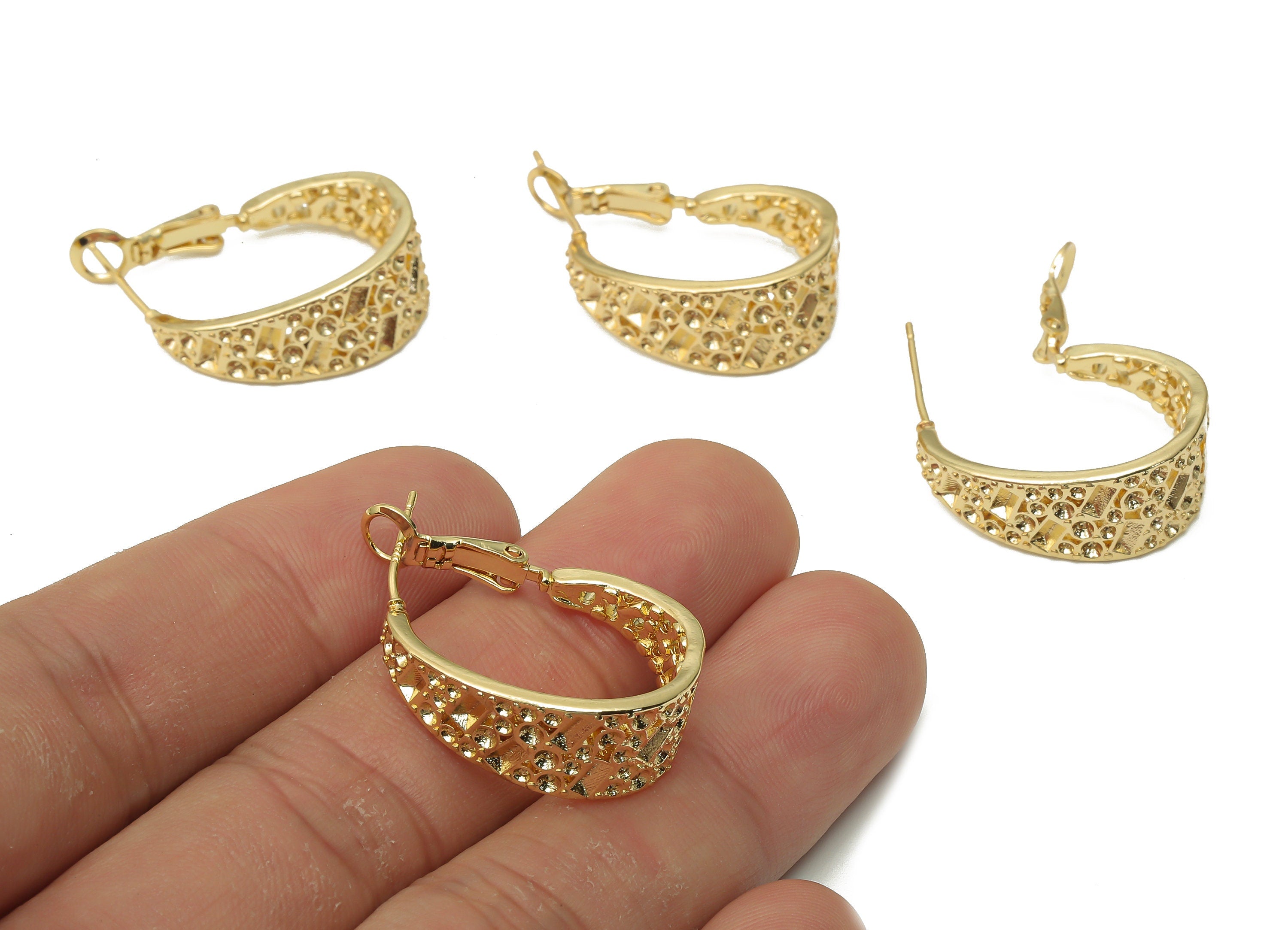 Brass Textured Earring Clasps - Brass Think Hoop - Brass Spot Round Clasps - 18K Real Gold Plated Brass - 28.74x19.18x2.32mm - RGP4787 - DOMEDBAZAAR