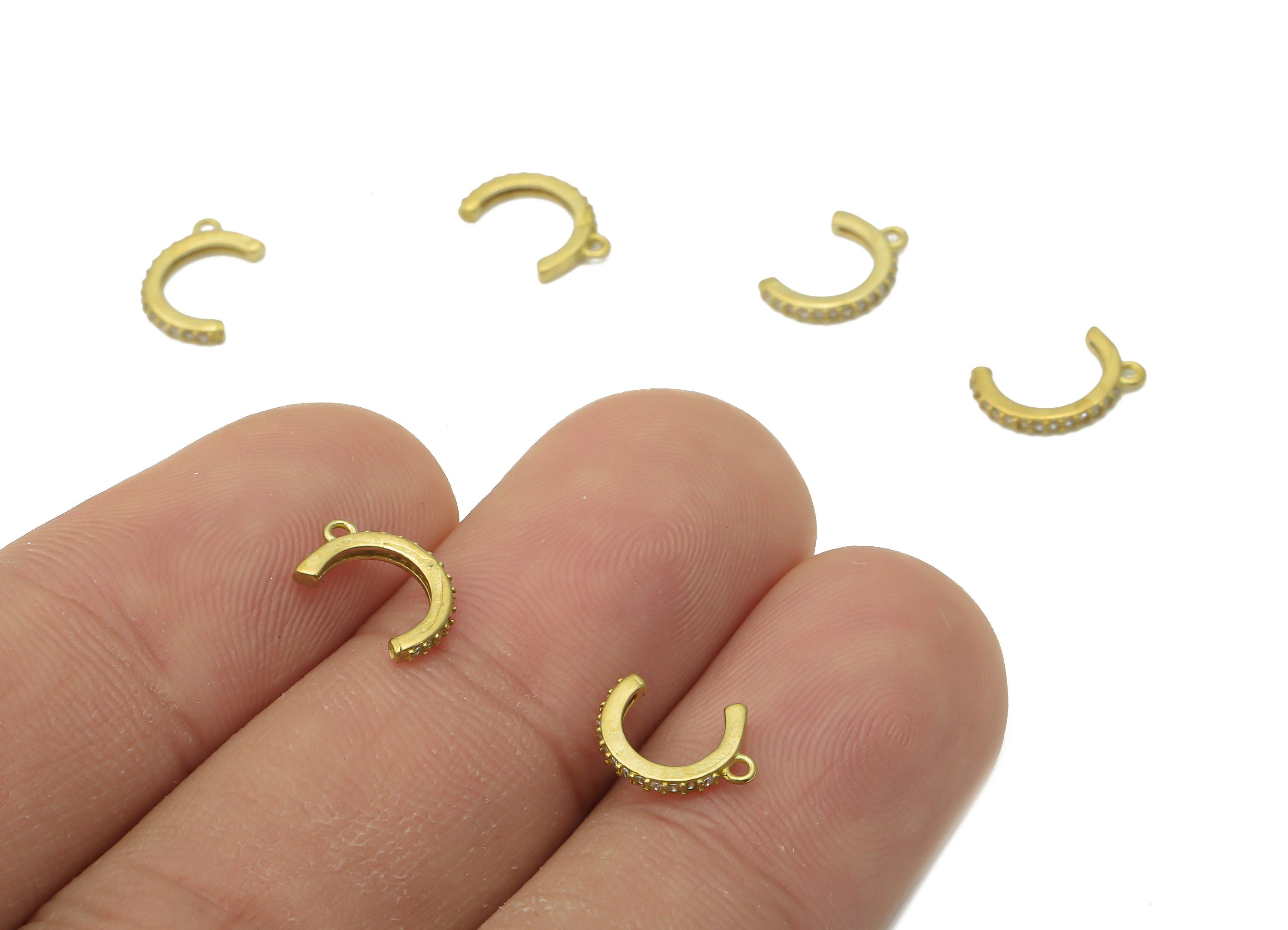 Brass Open Hoop Earring Charms - Raw Brass Open Hoop Earring with Zircon - Brass C Mini Moon Pendant with Zircon -10.13x6.37x1.34mm - PP7721 - DOMEDBAZAAR