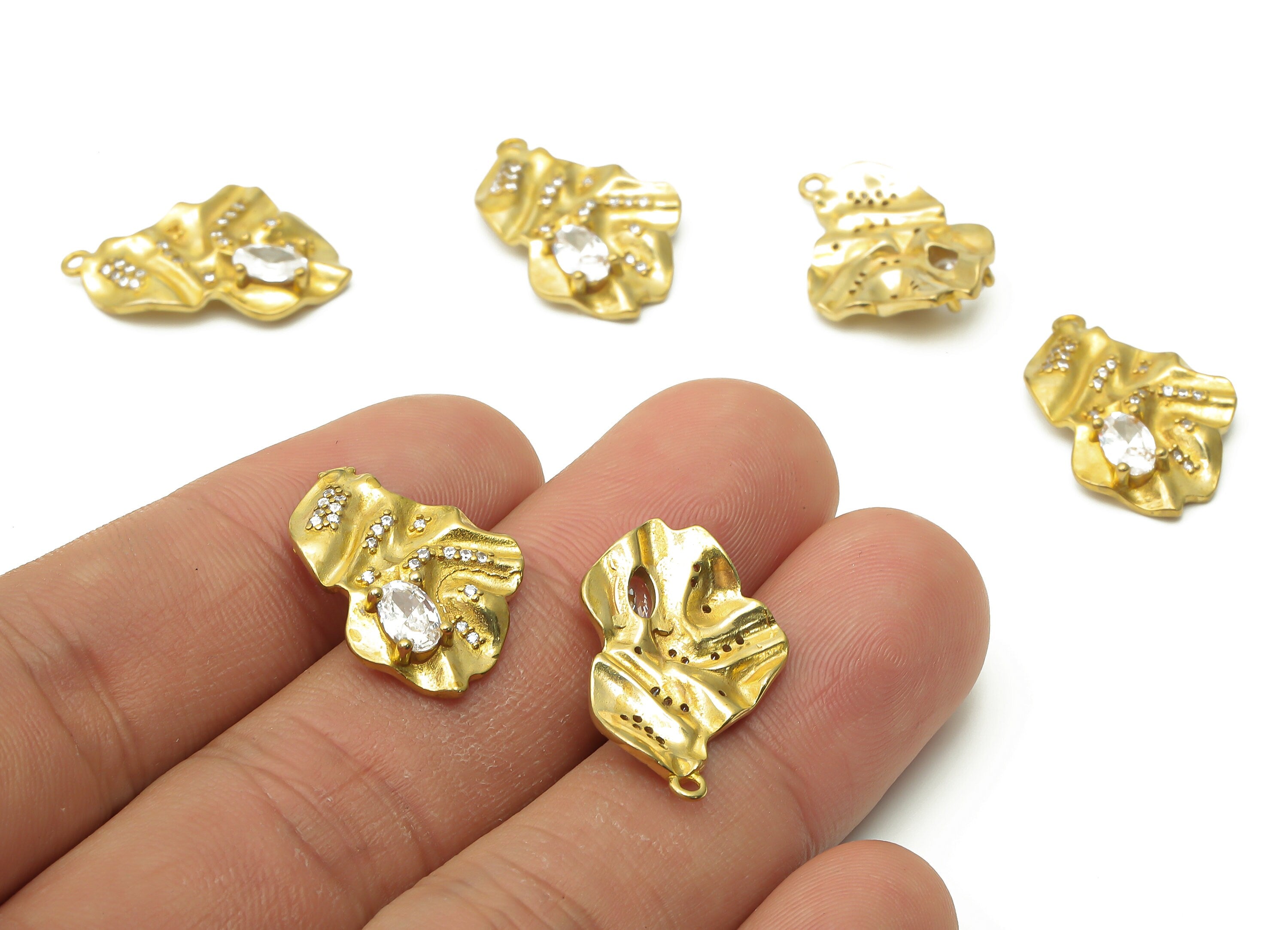 Brass Irregular Earring Charms - Raw Brass Wave Irregular Earring With Zircon - Brass Bean Wavy Pendant - Necklace - 23.2x14.9x1.9mm -PP7732 - DOMEDBAZAAR