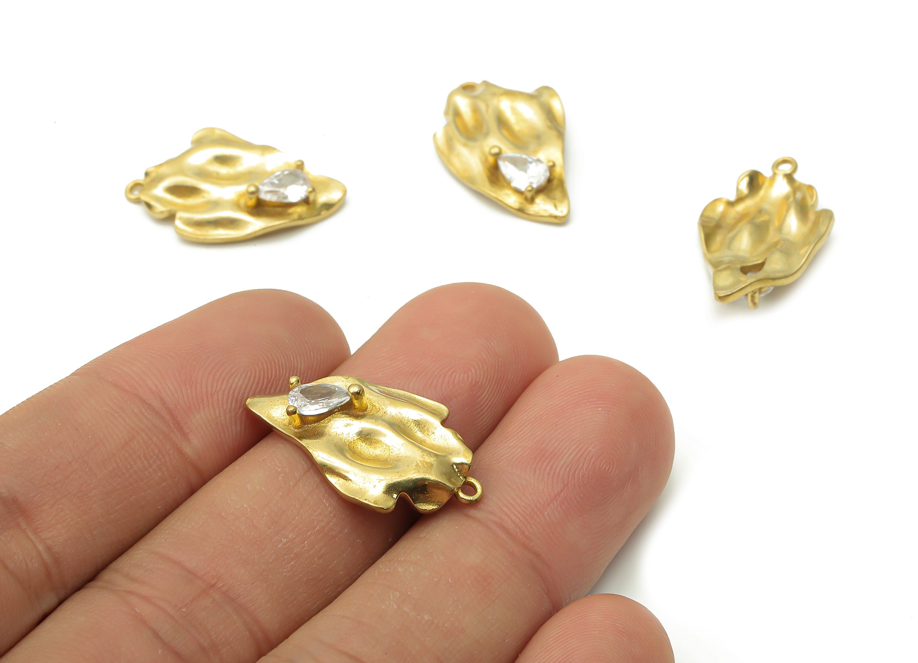 Brass Irregular Earring Charms - Raw Brass Textured Earring With Zircon - Pattern Pendant - Hollow Necklace - 23.7x14.2x2.1mm - PP7733 - DOMEDBAZAAR