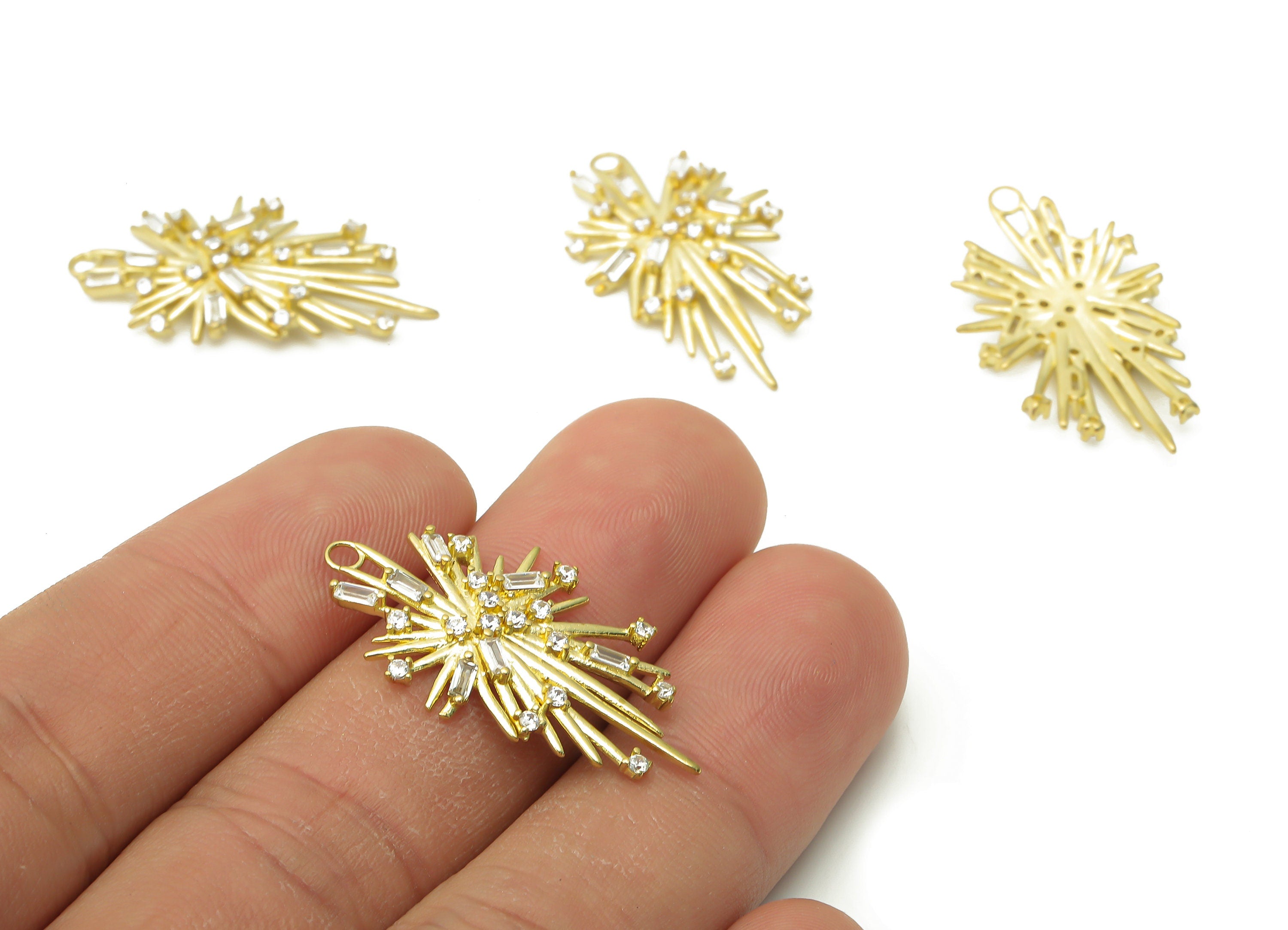 Brass Earrings Charms - Raw Brass Spikes Sun Burst Earring With Zircon - Brass Sun Burst Pendant - 30.67x17.55x2.18mm - PP7741 - DOMEDBAZAAR