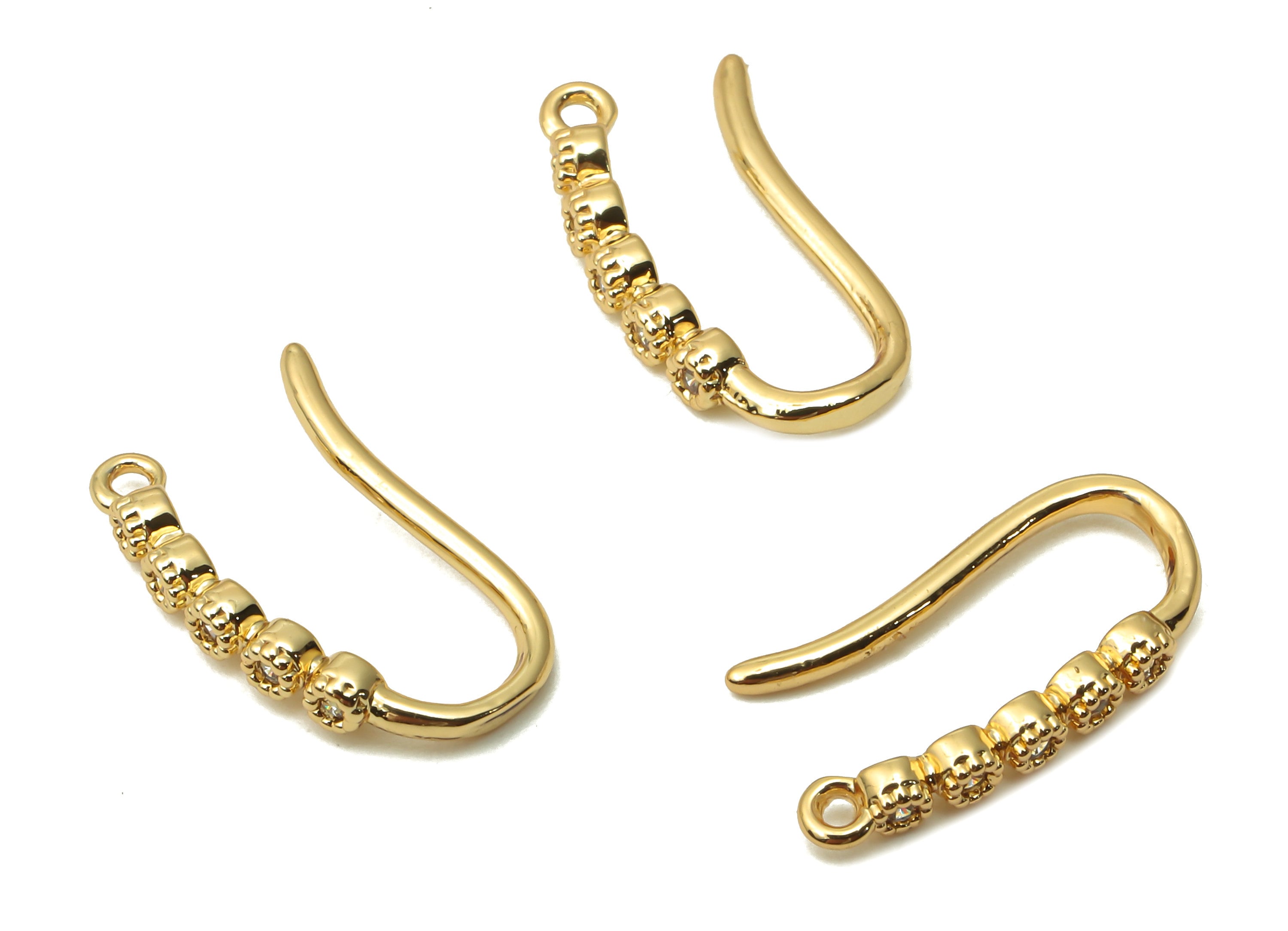 Brass Flower Hook Earring With Zircon - Brass Textured Hook Earring - Ear Wire With Loop - 18K Real Gold Plated - 15.22x7.4x1.44mm - RGP4799 - DOMEDBAZAAR