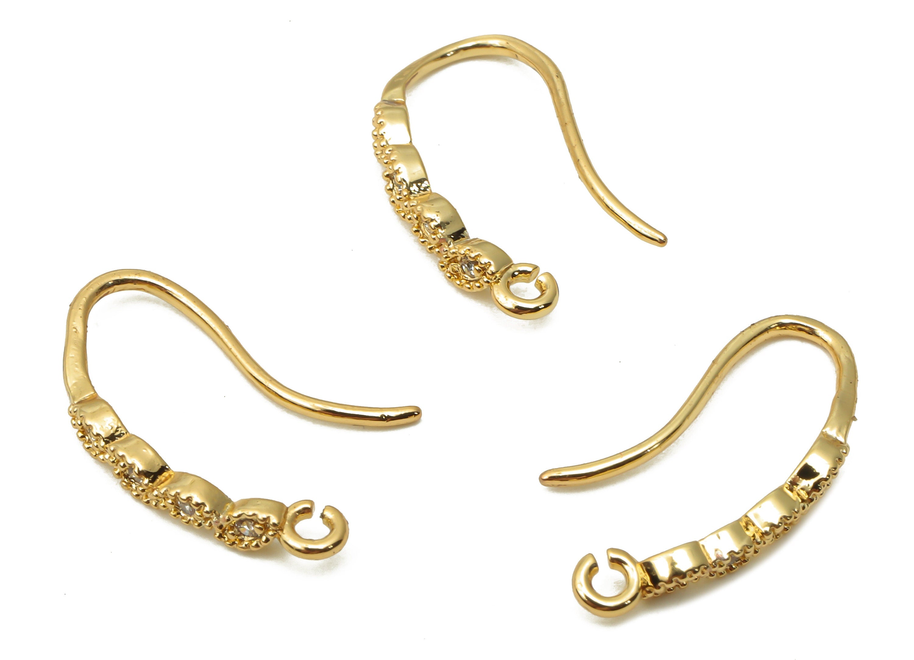 Brass Long Bean Earring Hook with Zircon – Brass Hook Earrings With Loop - Ear Wire - 18K Real Gold Plated - 17.95x7.78x1.4mm - RGP4801 - DOMEDBAZAAR