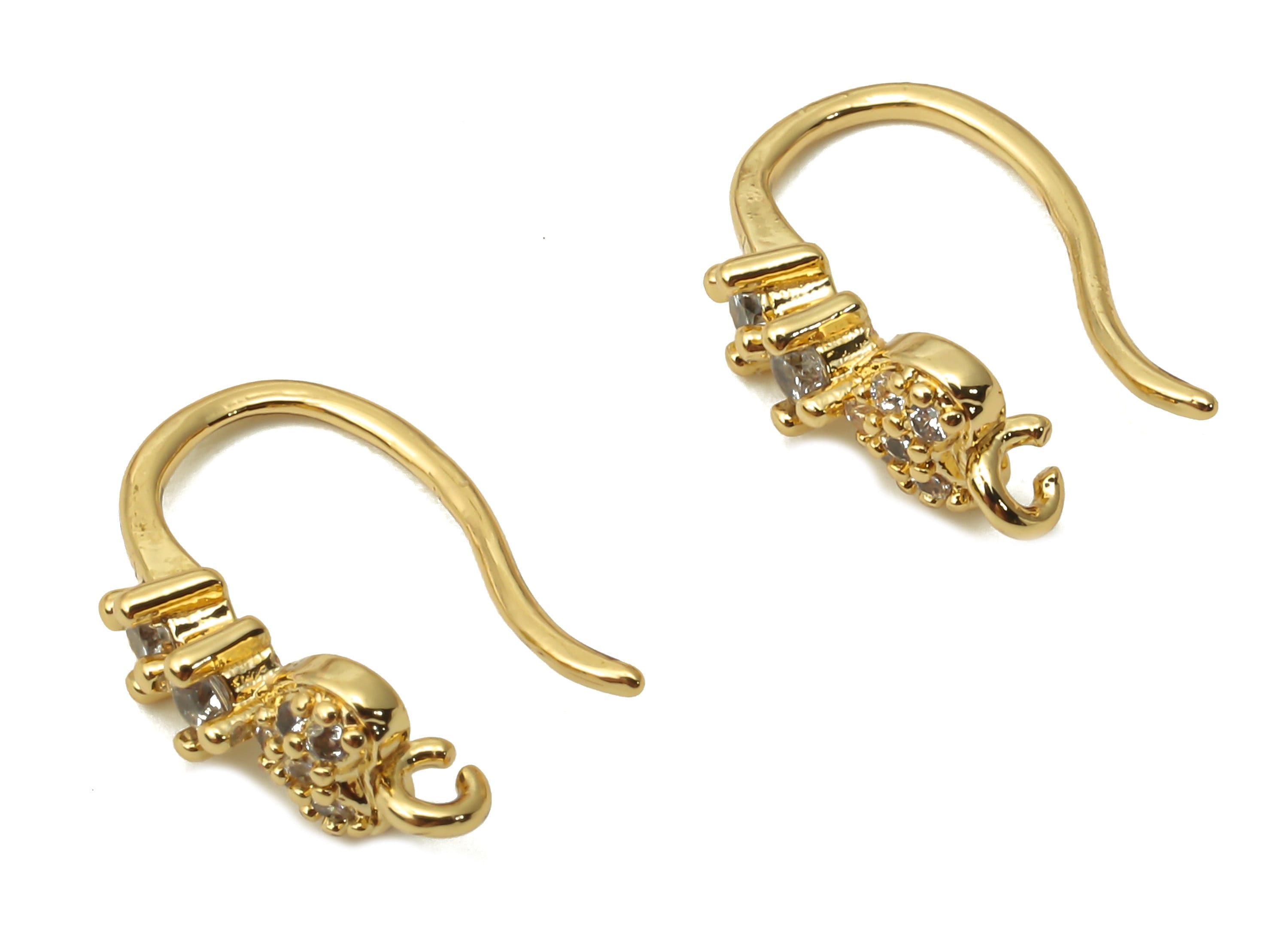 Brass Earrings Wires With Zircon - Hook Earrings With Loop - Brass Ear Wires - 18K Real Gold Plated Brass - 14.35x8.9x2.6mm - RGP4802 - DOMEDBAZAAR