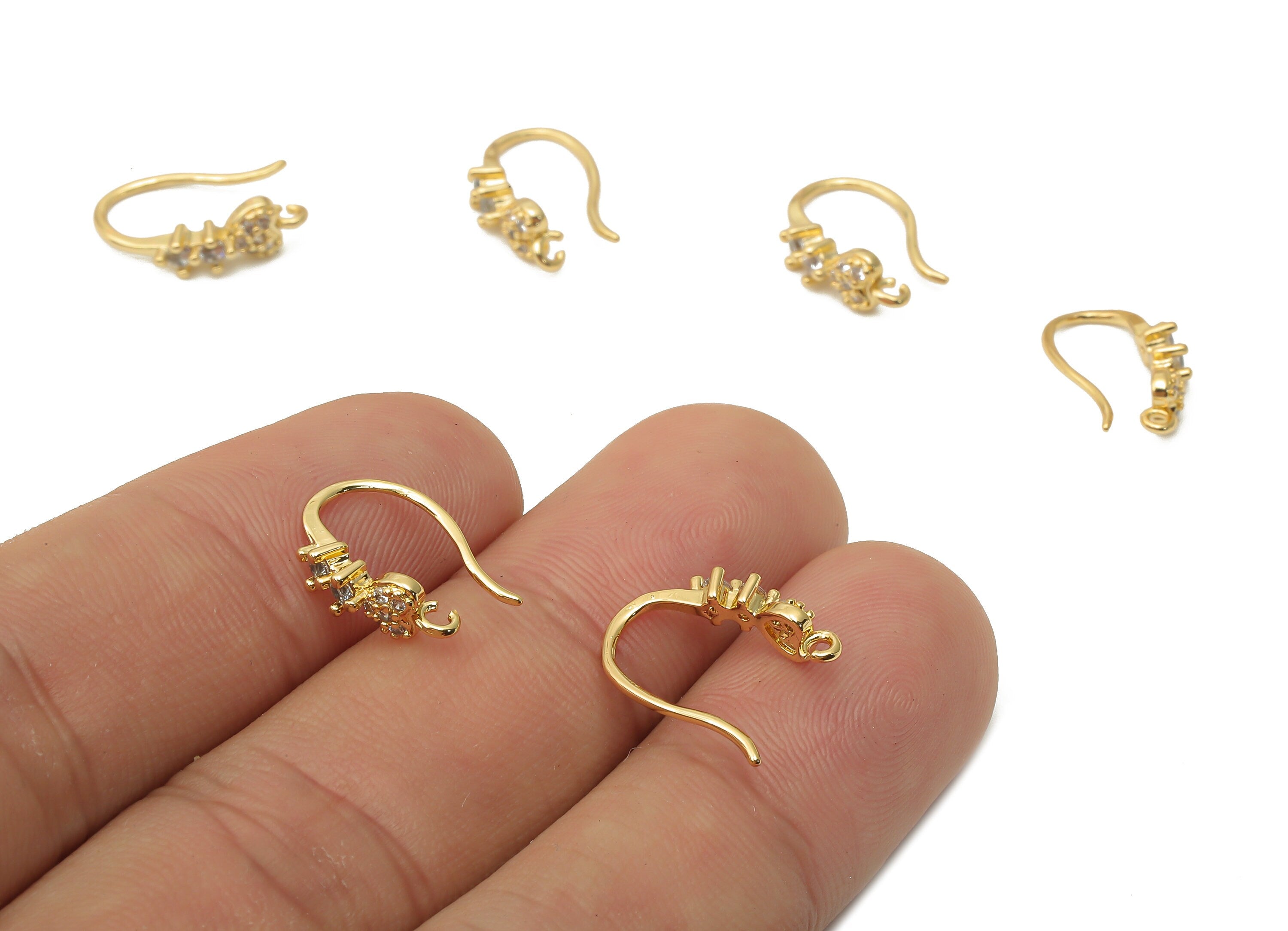 Brass Earrings Wires With Zircon - Hook Earrings With Loop - Brass Ear Wires - 18K Real Gold Plated Brass - 14.35x8.9x2.6mm - RGP4802 - DOMEDBAZAAR
