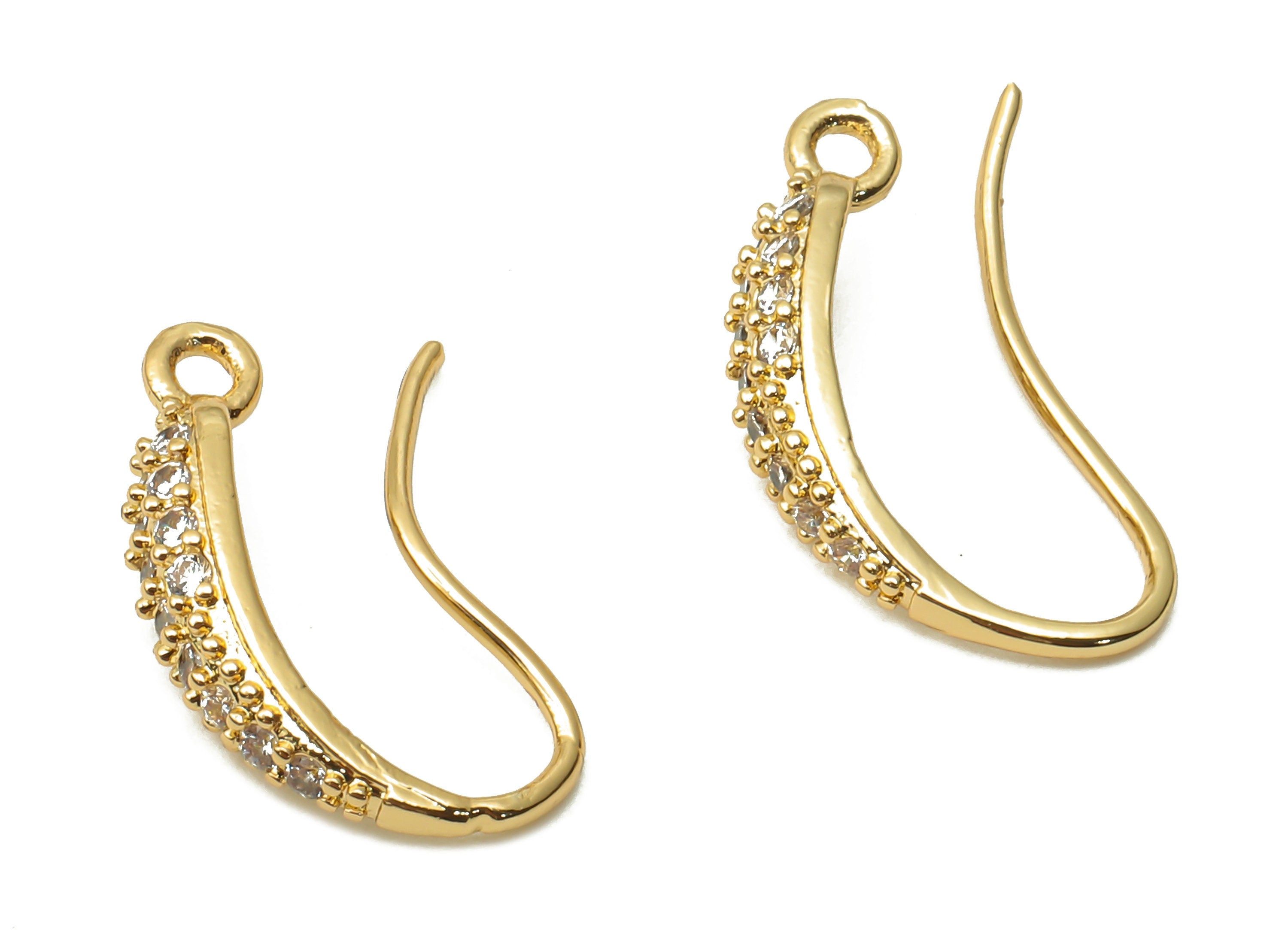 Brass Earrings Wires With Zircon - Gold Plated Ear Wire - Earrings Hook With Loop - 18K Real Gold Plated - 15.94x10.87x2.3mm - RGP4804 - DOMEDBAZAAR