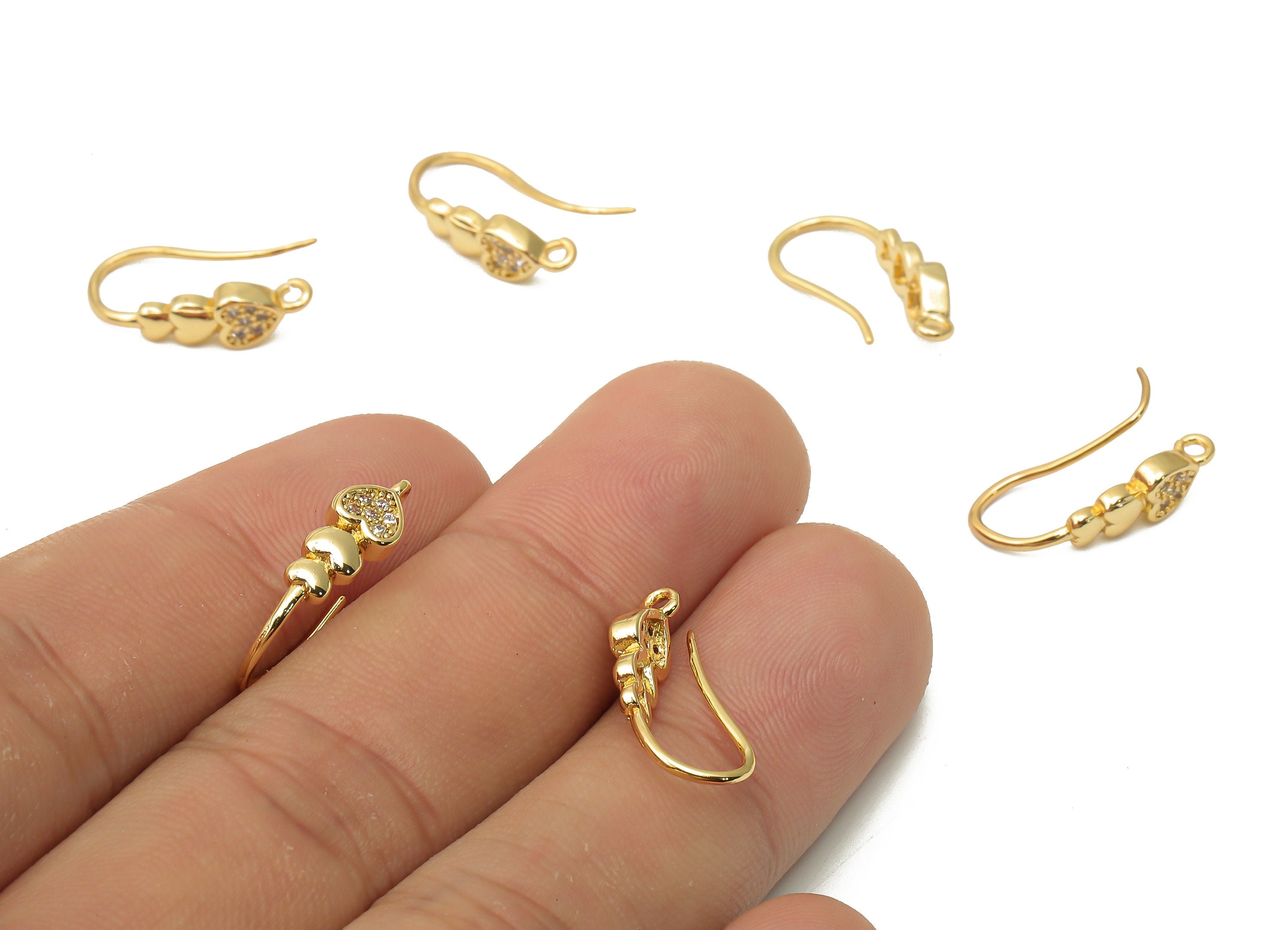 Brass Earrings Wires With Zircon - Brass Heart Ear Wires - Earrings Hook With Loop - 18K Real Gold Plated Brass - 18.54x9.2x1.7mm - RGP4807 - DOMEDBAZAAR