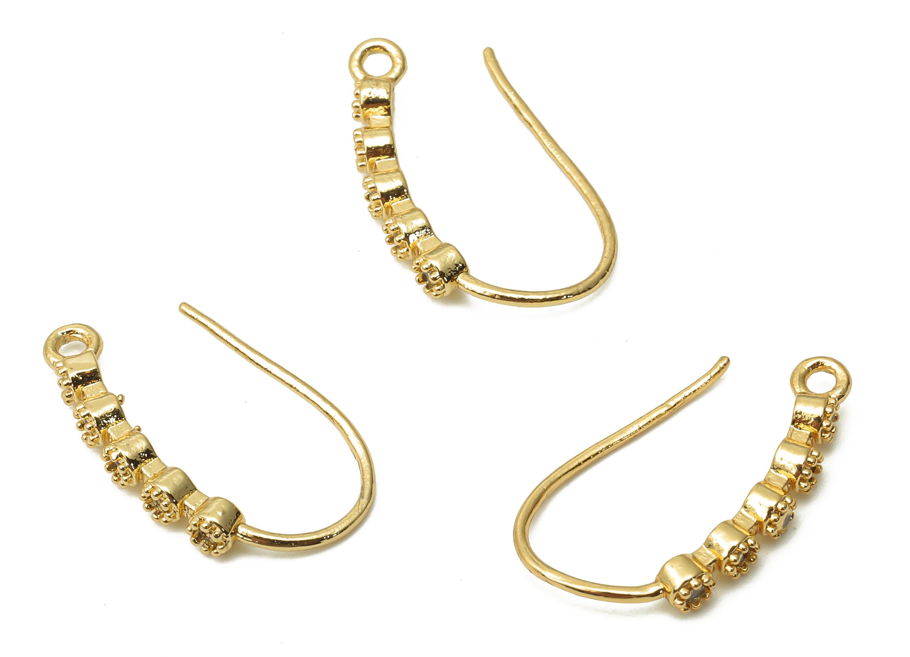 Brass Ball Earrings Wire With Zircon - Ear Wires With Loop - Earrings Long Beans Hook - 18K Real Gold Plated - 20.05x10.51x2mm - RGP4811 - DOMEDBAZAAR