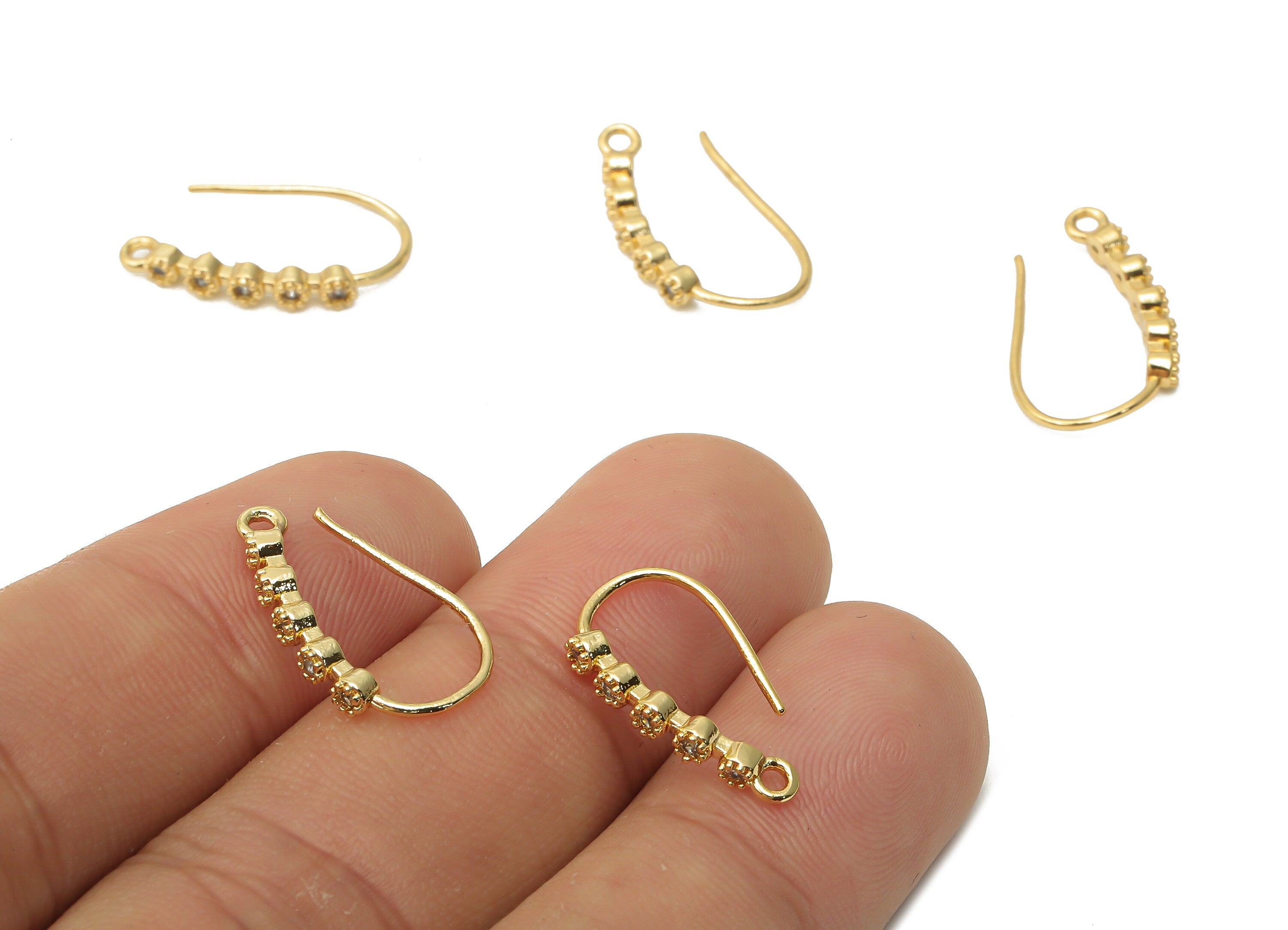 Brass Ball Earrings Wire With Zircon - Ear Wires With Loop - Earrings Long Beans Hook - 18K Real Gold Plated - 20.05x10.51x2mm - RGP4811 - DOMEDBAZAAR