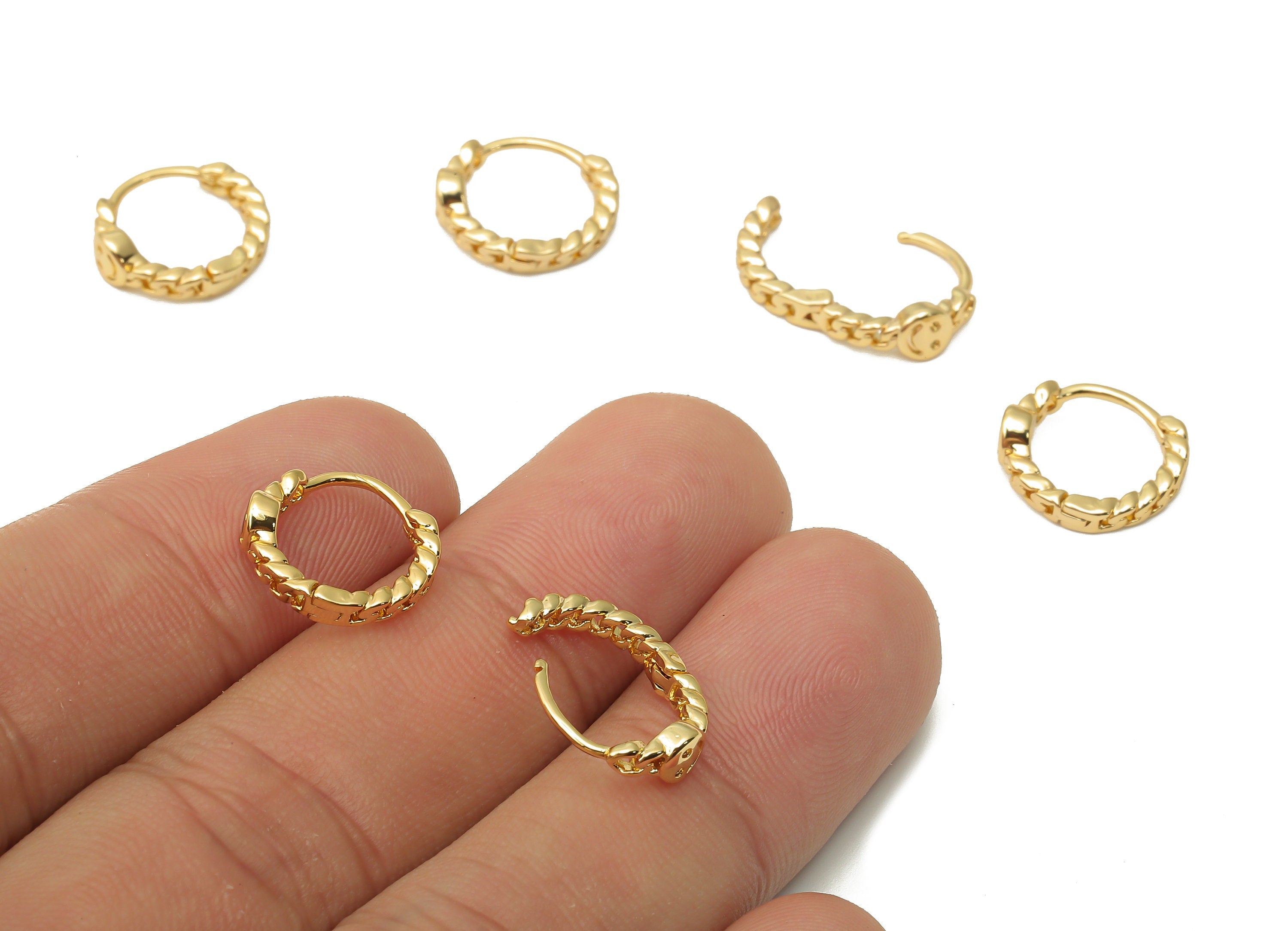 Brass Curb Chain Earrings Clasps - Smiley Face Huggie Hoop Earrings - Brass Emoji Earrings - 18K Real Gold Plate - 13.3x11.52x2mm - RGP4819 - DOMEDBAZAAR