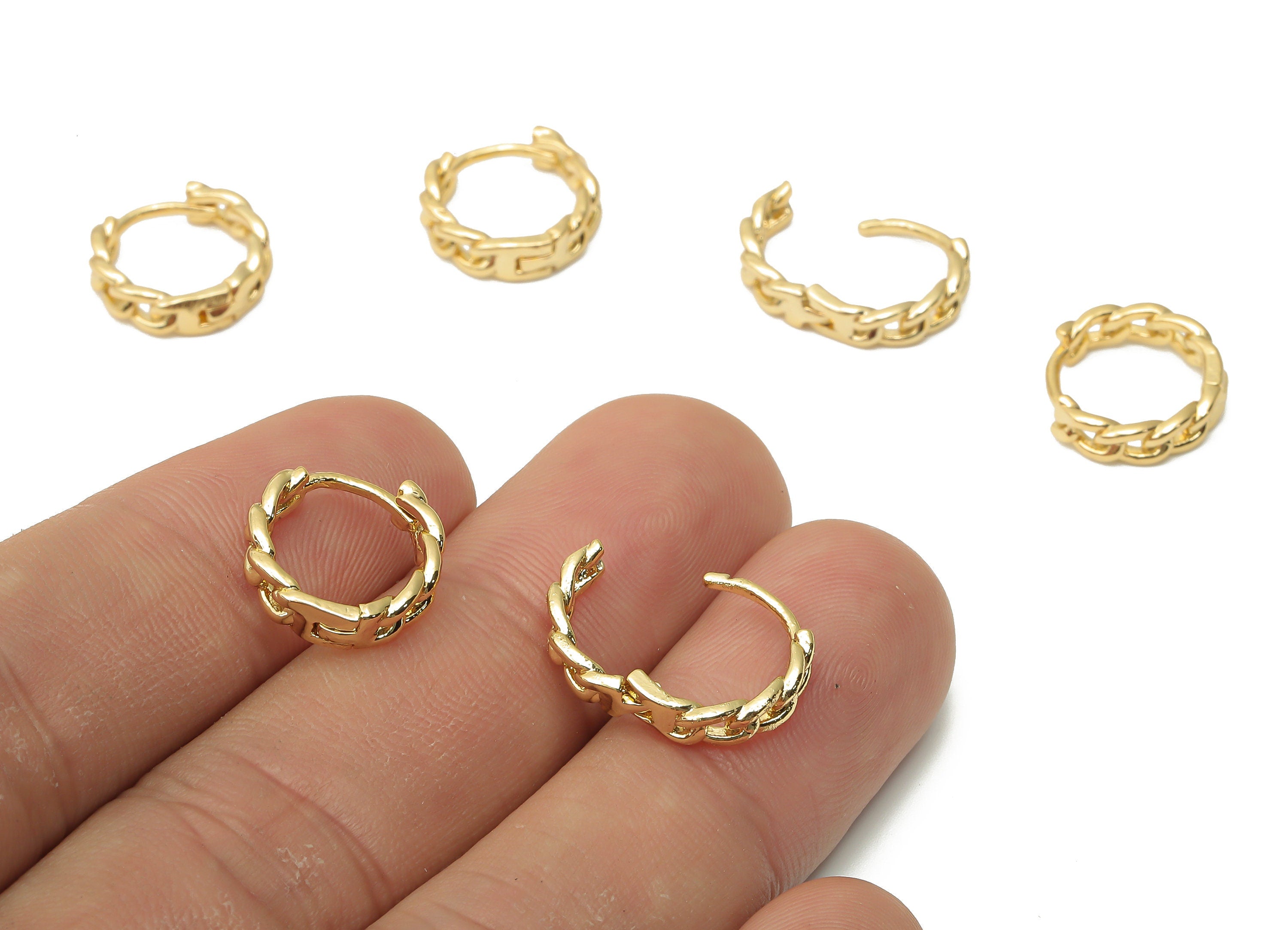 Brass Curb Chain Earrings Clasps - Gold Plated Round Earrings - Huggie Hoop Clasps - 18K Real Gold Plated - 13.19x13.19x1.3mm - RGP4830 - DOMEDBAZAAR