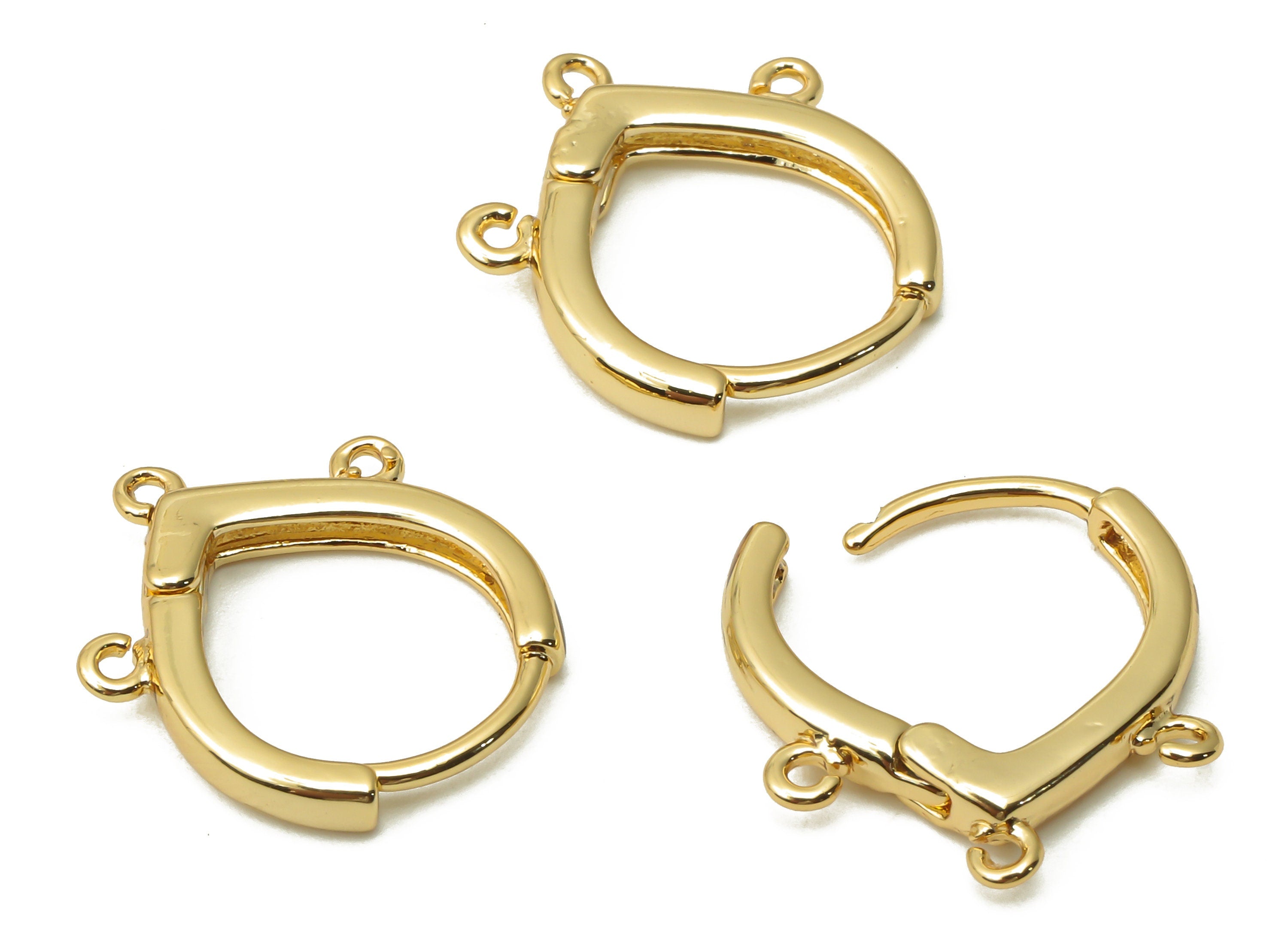 Brass Drop Hoop Earrings Clasps - Brass Huggie Hoop With 3 Loops - Earring Connector - 18K Real Gold Plated - 17.52x14.4x2.64mm - RGP4848 - DOMEDBAZAAR