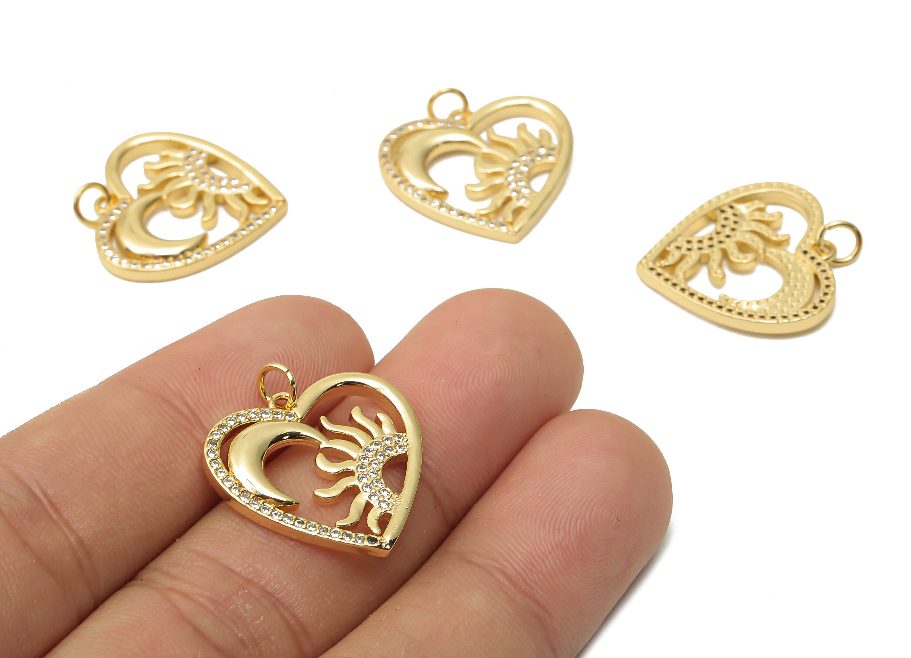 Brass Crescent Pendant with Zircons - Brass Sun Necklace - Brass Moon Pendant - 18K Real Gold Plated - 21.35x20.92x2.5mm - RGP4865 - DOMEDBAZAAR