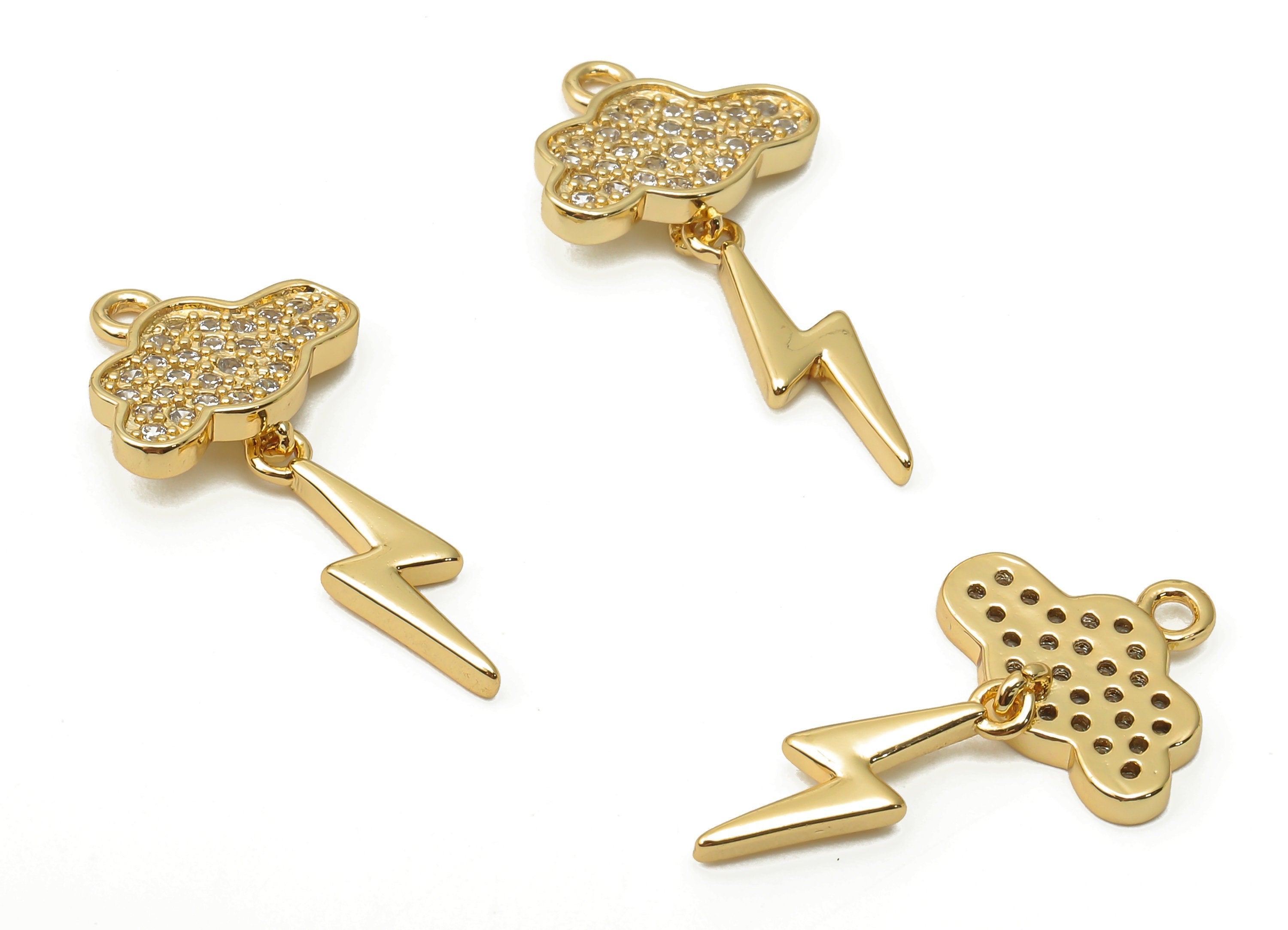 Brass Cloud Lightning Earrings with Zircon - Brass Cloud Pendant - Lightning Pendant- 18K Real Gold Plated -24.56x13.6x1.65mm - RGP4867 - DOMEDBAZAAR