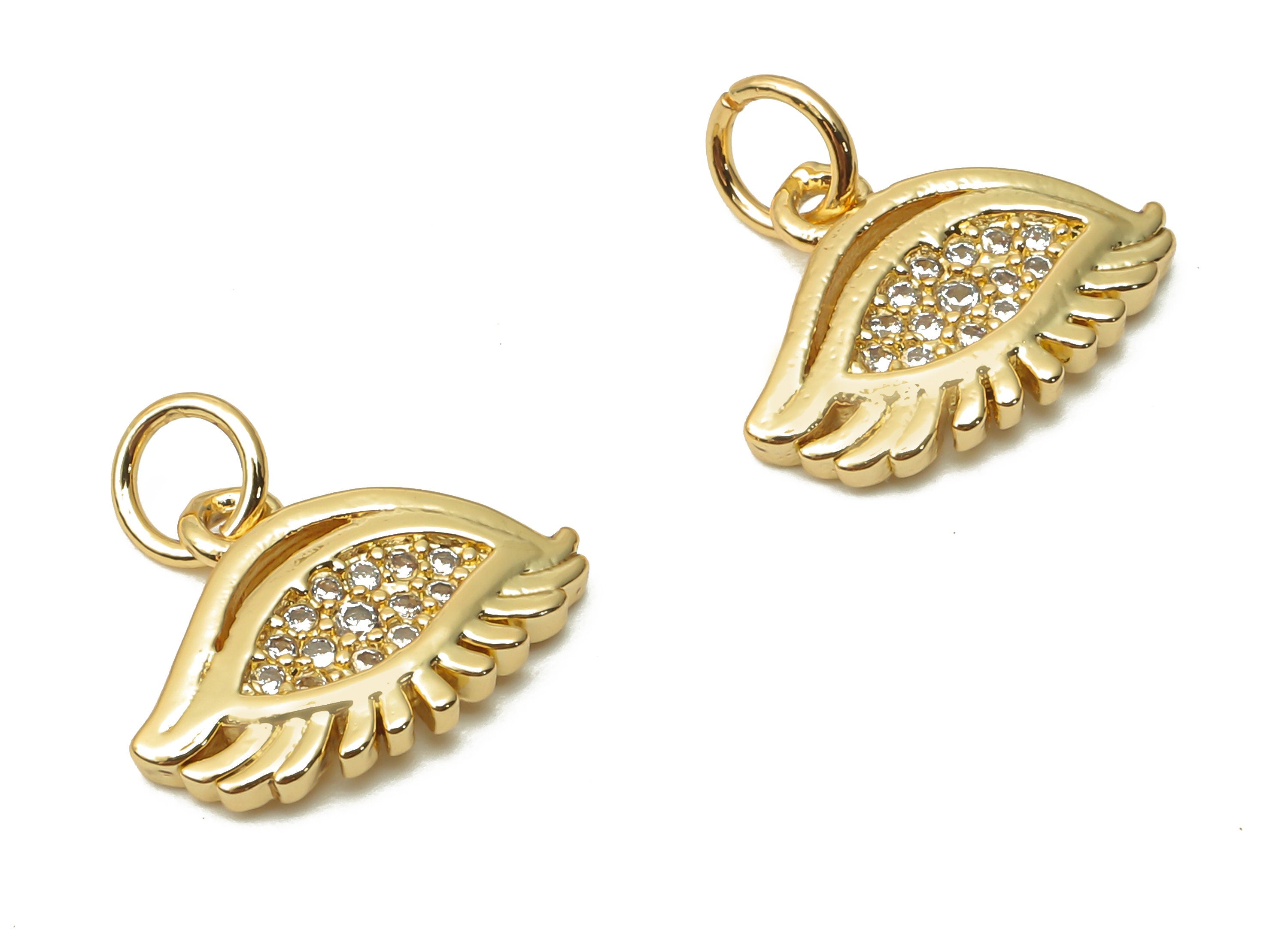Brass Eyelash Charms - Brass Eyelash Charms With Zircon - Brass Eye Pendant - 18K Real Gold Plated Brass - 14.35x10.62x1.8mm - RGP4868 - DOMEDBAZAAR