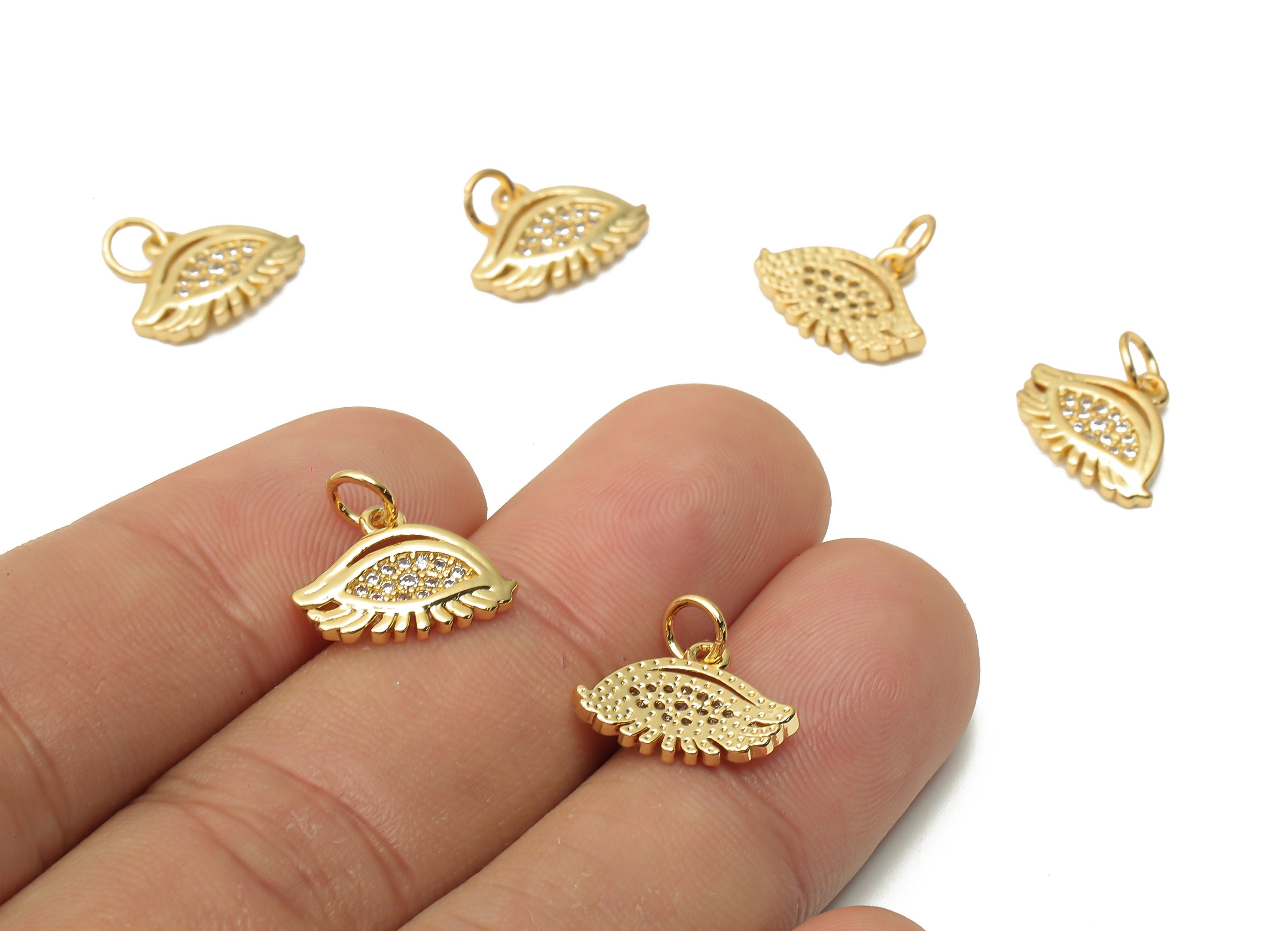 Brass Eyelash Charms - Brass Eyelash Charms With Zircon - Brass Eye Pendant - 18K Real Gold Plated Brass - 14.35x10.62x1.8mm - RGP4868 - DOMEDBAZAAR