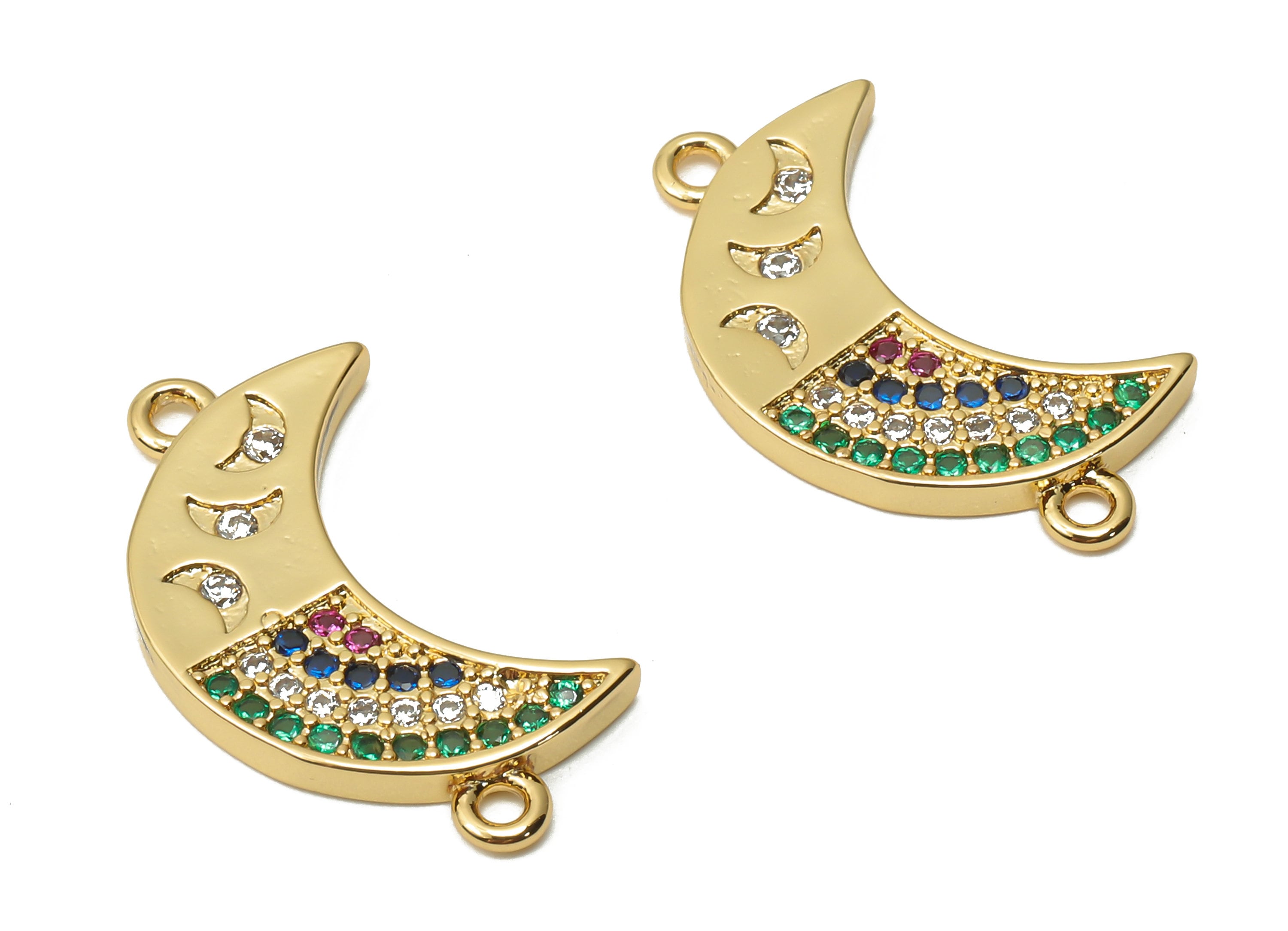 Brass Crescent Earrings Connectors with Zircon - Brass Moon Earring Connectors - 18K Real Gold Plated Brass - 22.25x12.8x1.8mm - RGP4869 - DOMEDBAZAAR