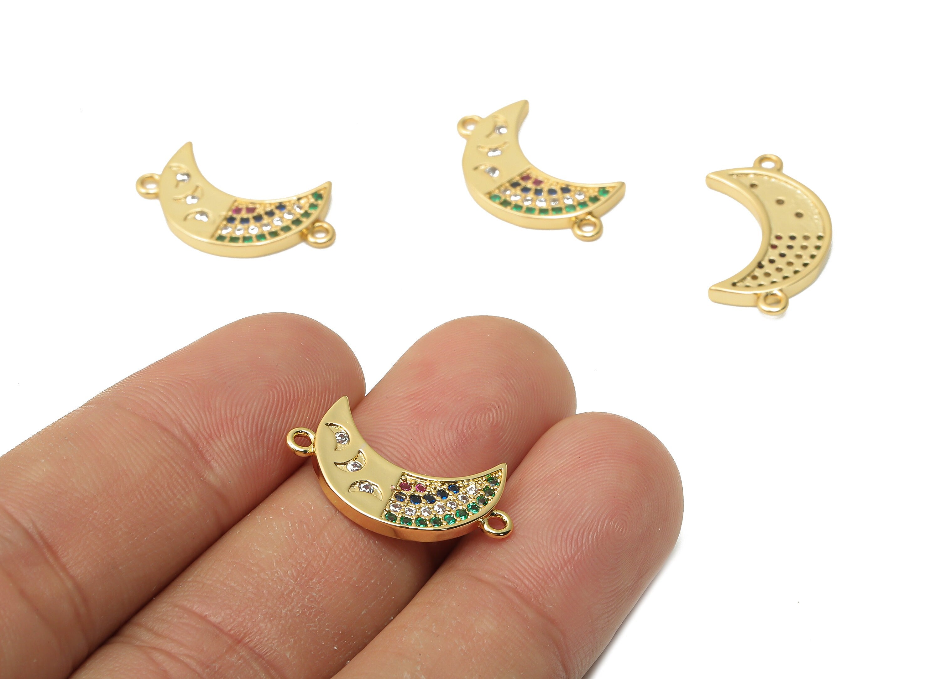 Brass Crescent Earrings Connectors with Zircon - Brass Moon Earring Connectors - 18K Real Gold Plated Brass - 22.25x12.8x1.8mm - RGP4869 - DOMEDBAZAAR