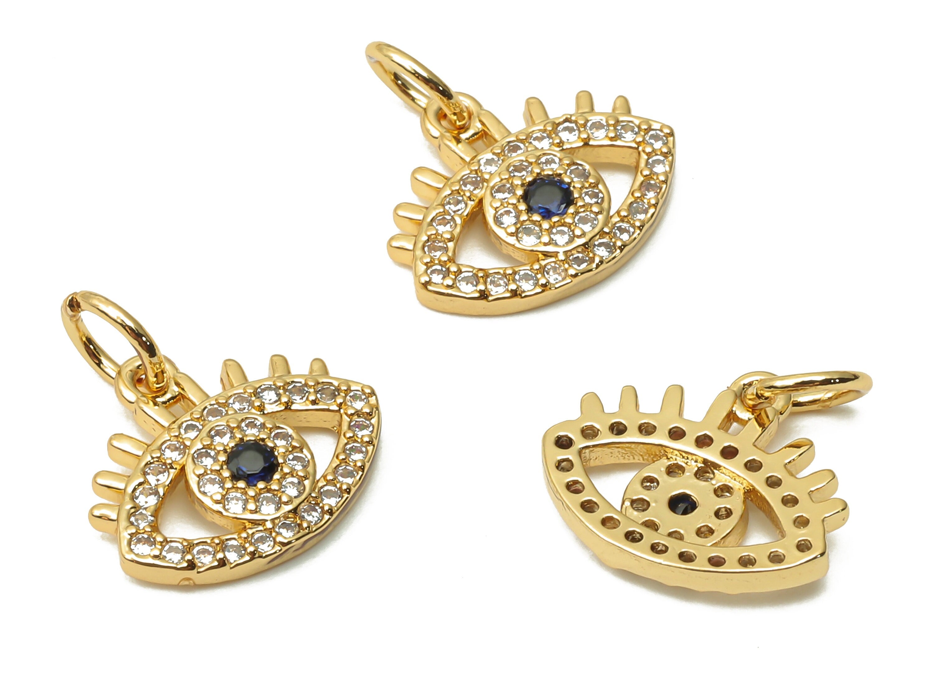 Brass Eyelash Earring Charms - Brass Eye Pendant with Black Zircon - Eye Earrings - 18K Real Gold Plated -13.66x12.11x1.56mm - RGP4872 - DOMEDBAZAAR