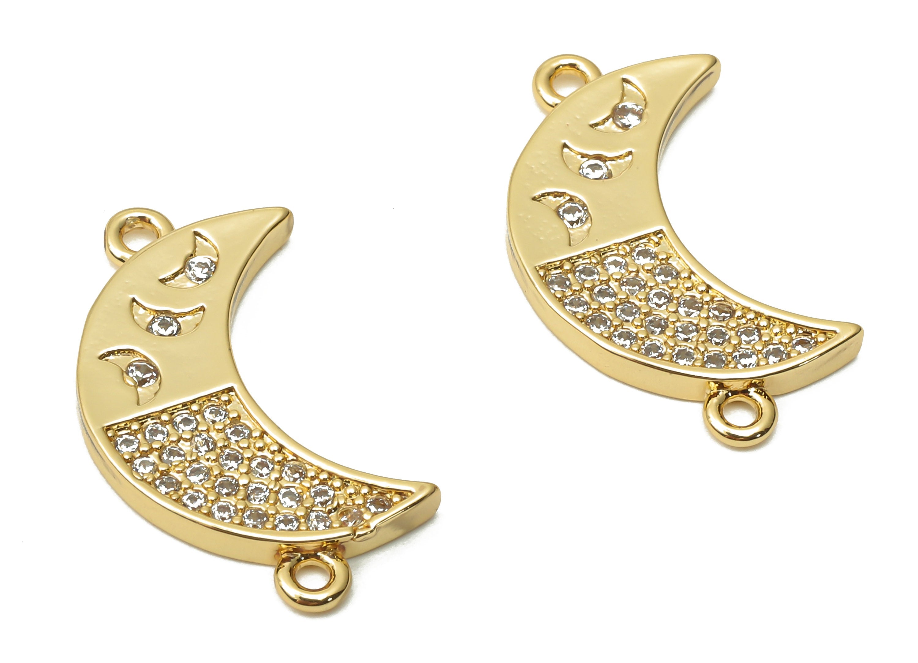 Brass Crescent Earrings Connectors with Zircon - Brass Moon Earring Connectors - 18K Real Gold Plated Brass - 22.33x12.7x1.78mm - RGP4877 - DOMEDBAZAAR
