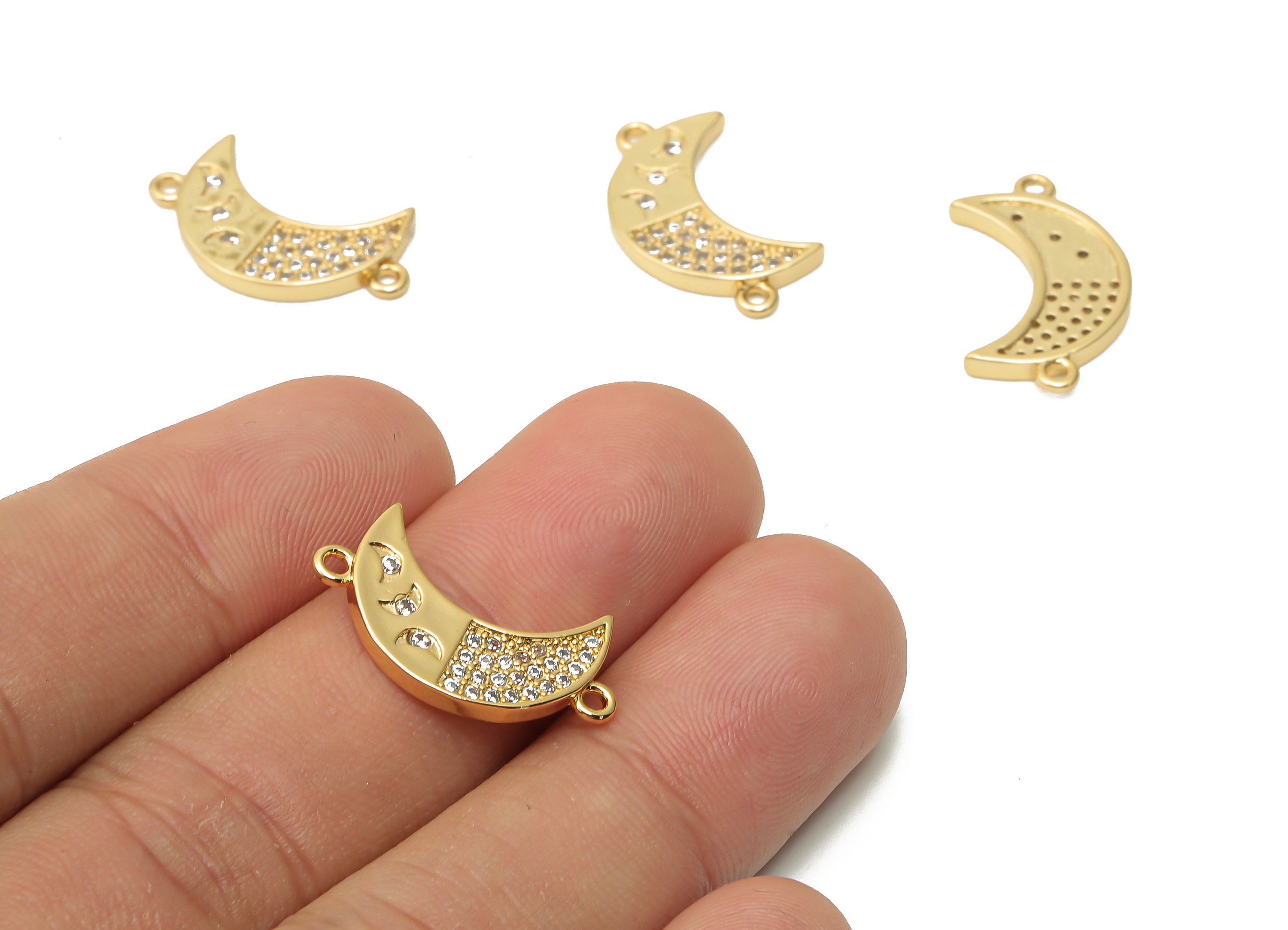 Brass Crescent Earrings Connectors with Zircon - Brass Moon Earring Connectors - 18K Real Gold Plated Brass - 22.33x12.7x1.78mm - RGP4877 - DOMEDBAZAAR