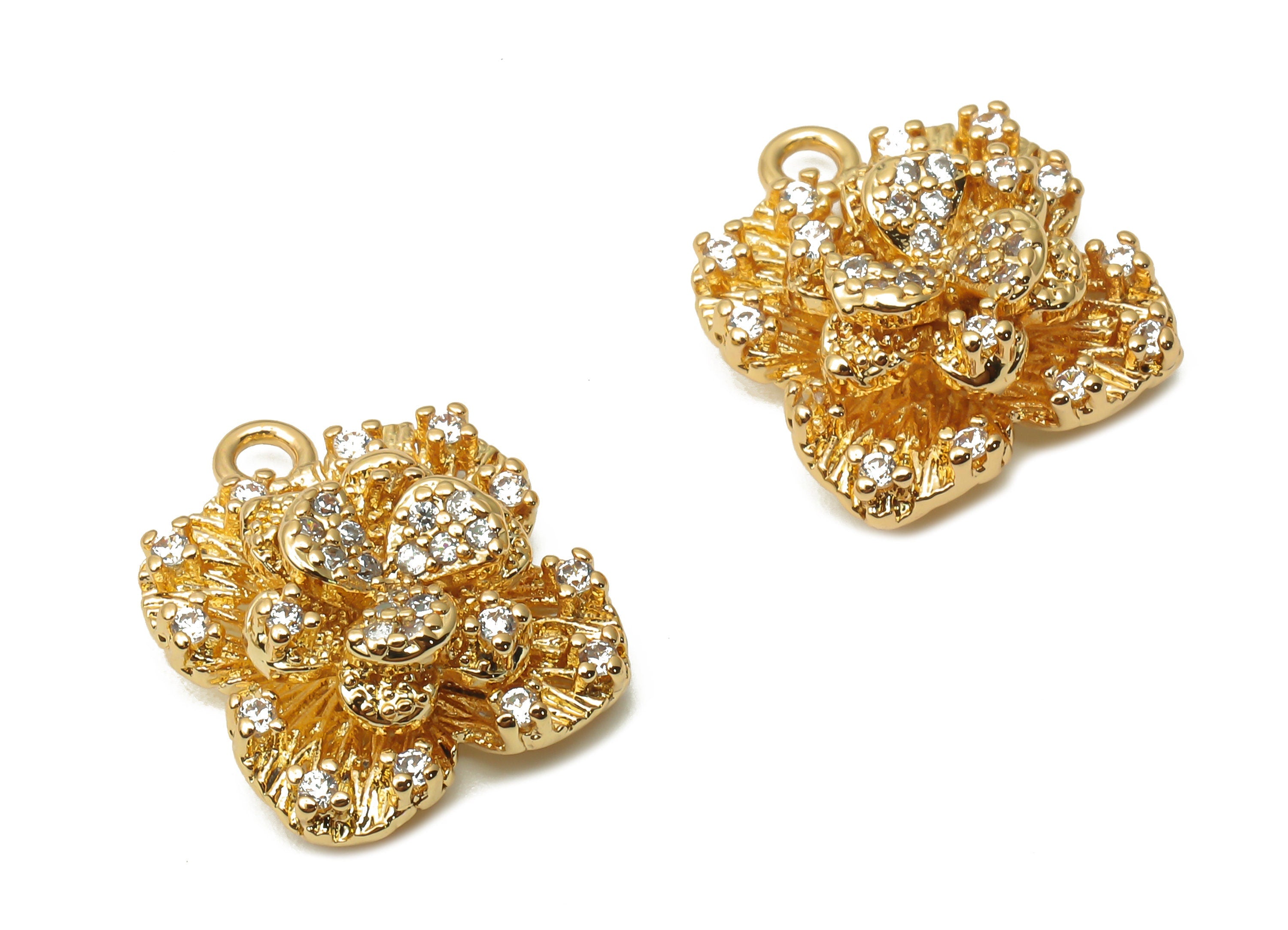 Brass Flower Earrings With Zircon - Brass Lotus Charms - Brass Waterlily Earring Charm - 18K Real Gold Plated - 16.82x 13.8x 5.47mm -RGP4893 - DOMEDBAZAAR
