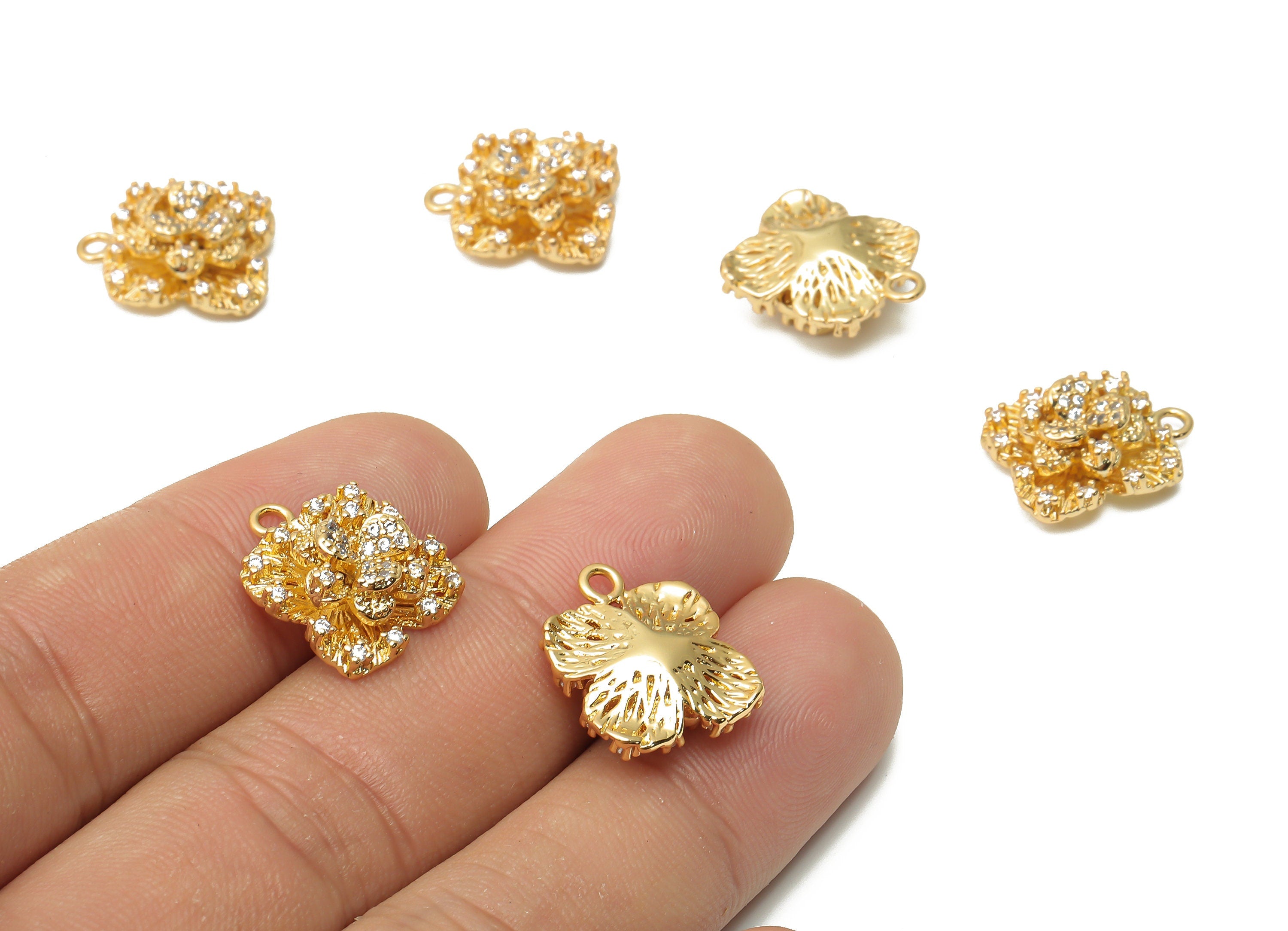 Brass Flower Earrings With Zircon - Brass Lotus Charms - Brass Waterlily Earring Charm - 18K Real Gold Plated - 16.82x 13.8x 5.47mm -RGP4893 - DOMEDBAZAAR