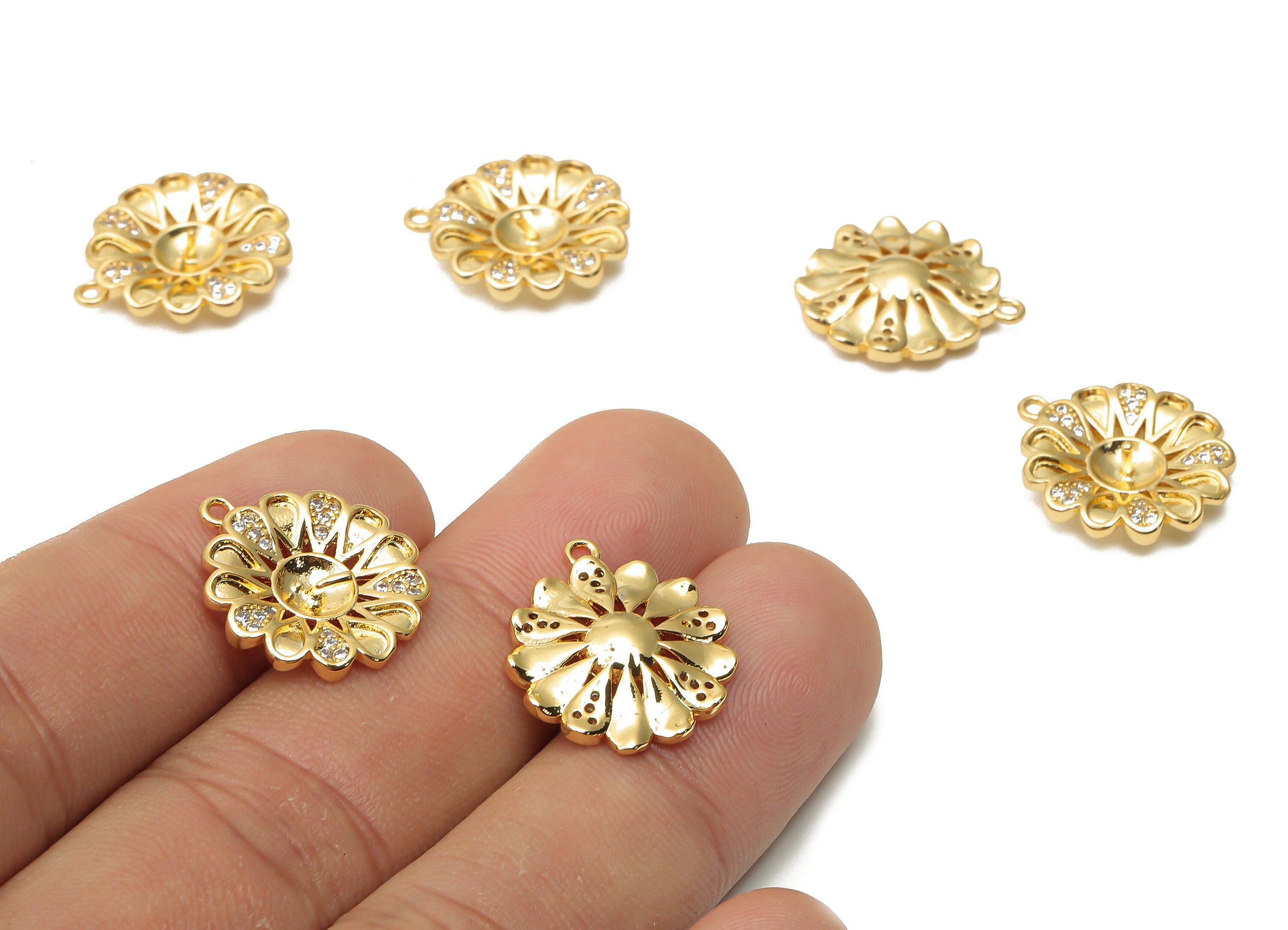 Brass Flower Earrings Charm With Zircon - Brass Botanical Pendant - Brass For Pearl - 18K Real Gold Plated - 18.64x 16.7x 1.63mm -RGP4896 - DOMEDBAZAAR