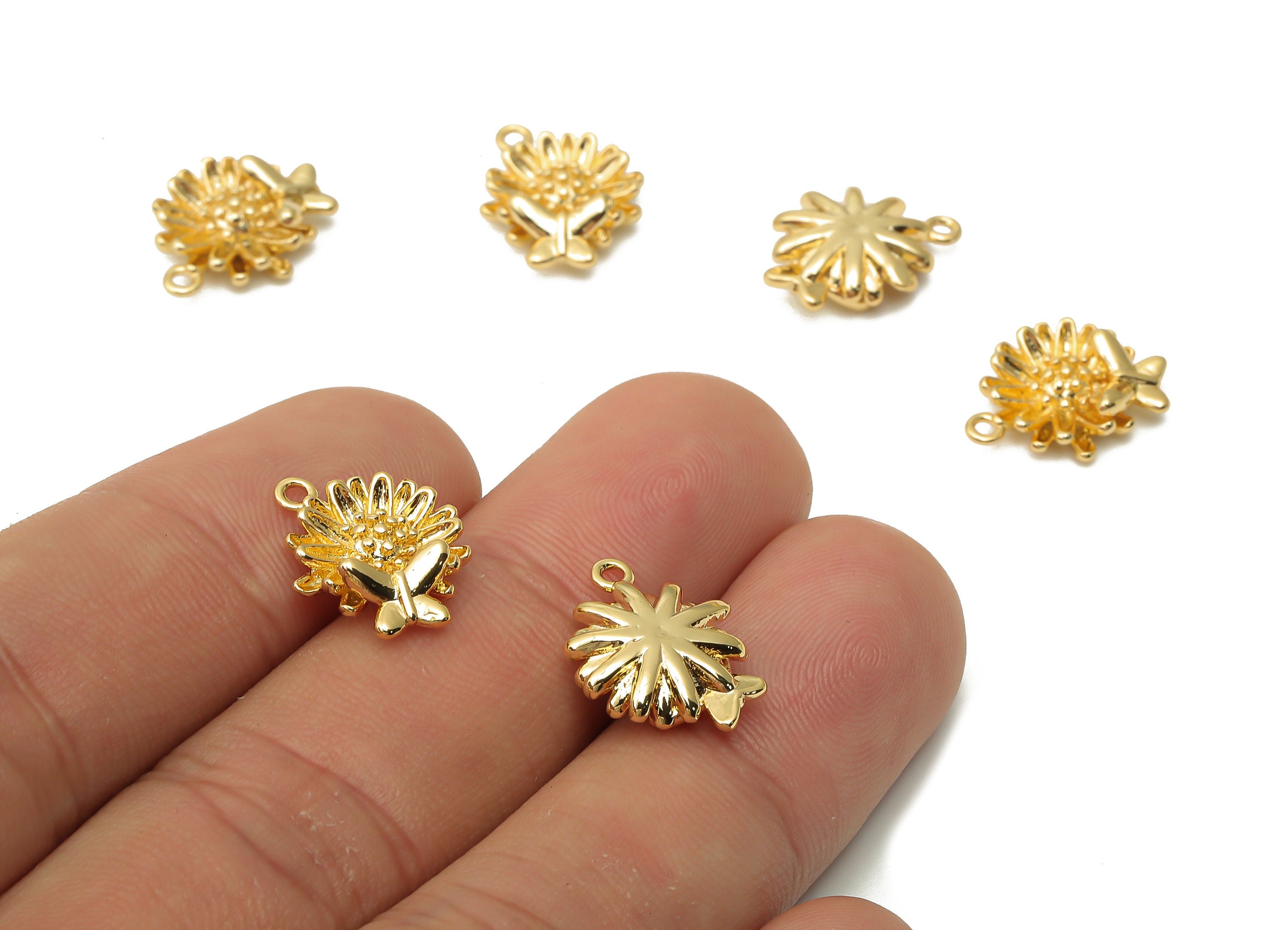 Brass Flower Earring Charm - Brass Waterlily Butterfly - Lotus Necklace - For Pendant - 18K Real Gold Plated - 15.09x11.64x3.54mm - RGP4900 - DOMEDBAZAAR