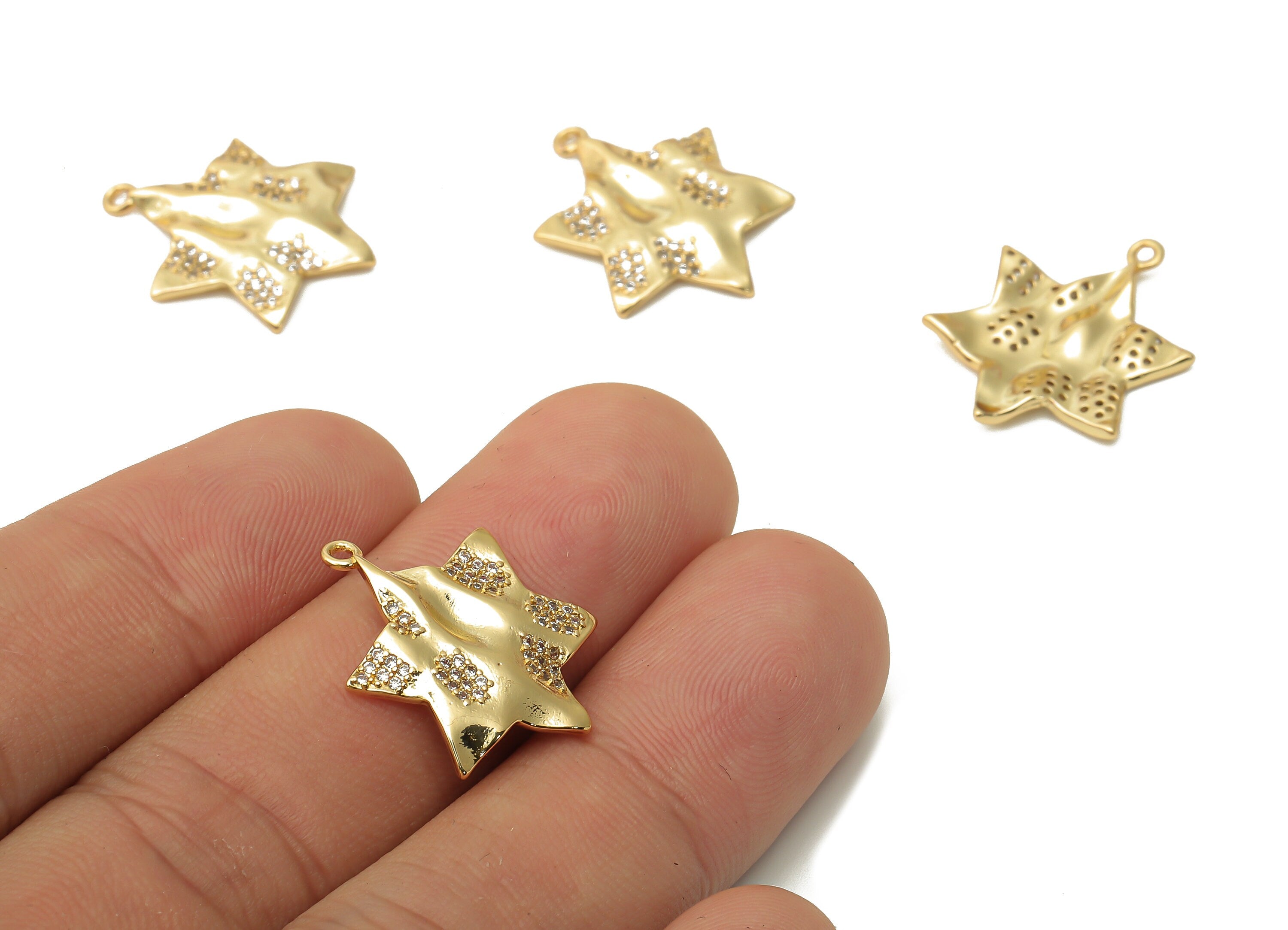 Brass Star Wavy Earring Charm With Zircon - Magen Star of David Pendant - Star Necklace- 18K Real Gold Plated - 21.65x17.11x1.7mm - RGP4905 - DOMEDBAZAAR