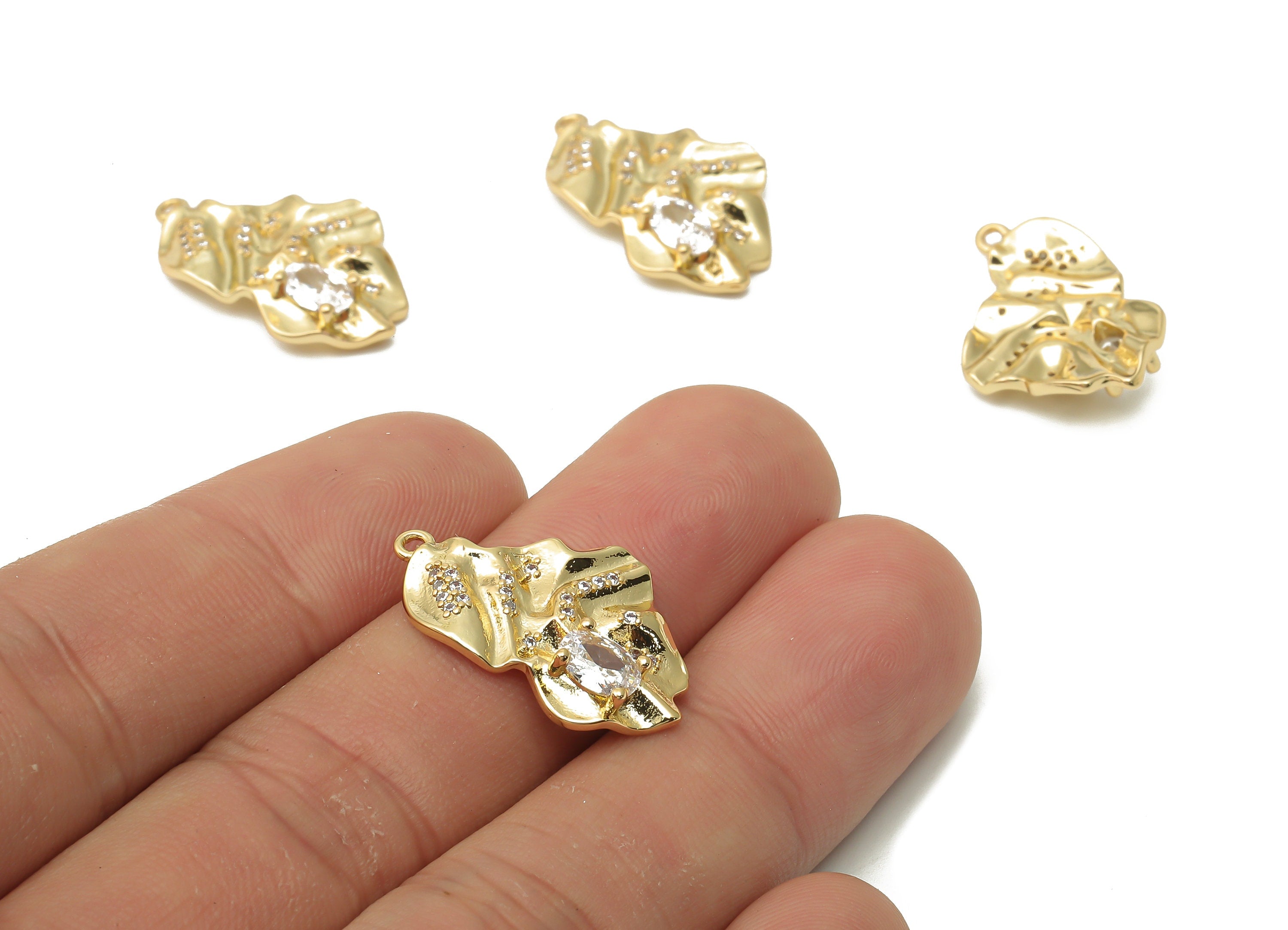 Brass Leaf Earring Charm With Zircon - Irregular Pendant - Wave Pendant - Leaf Necklace - 18K Real Gold Plated -23.2x14.9x1.88mm - RGP4906 - DOMEDBAZAAR