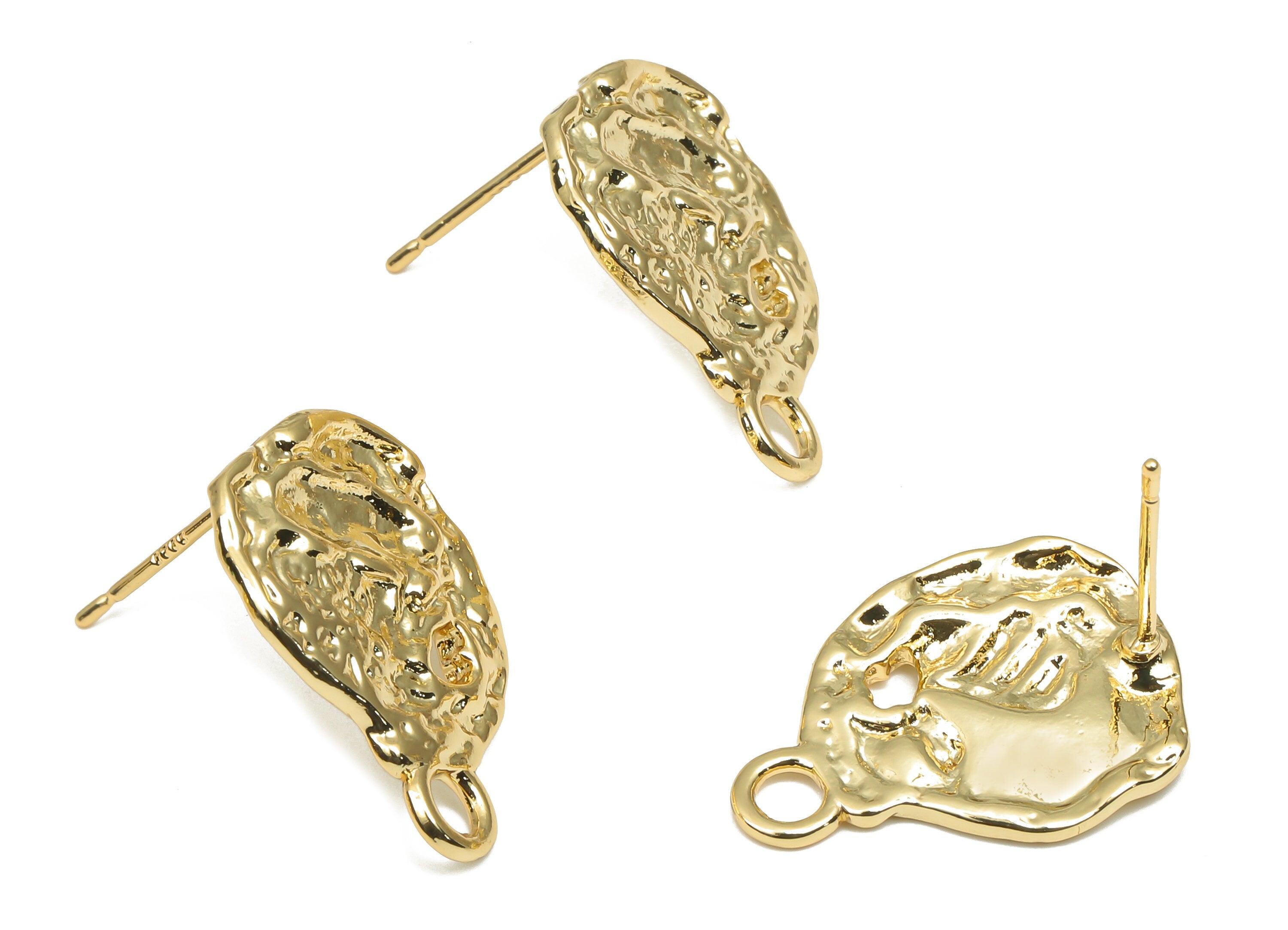 Brass Earring Stud - Brass Hammered Stud Earring - 18K Real Gold Plated Brass Post - Imitation Silver Stud - 20.21x14.87x2.18mm - RGP4541 - DOMEDBAZAAR