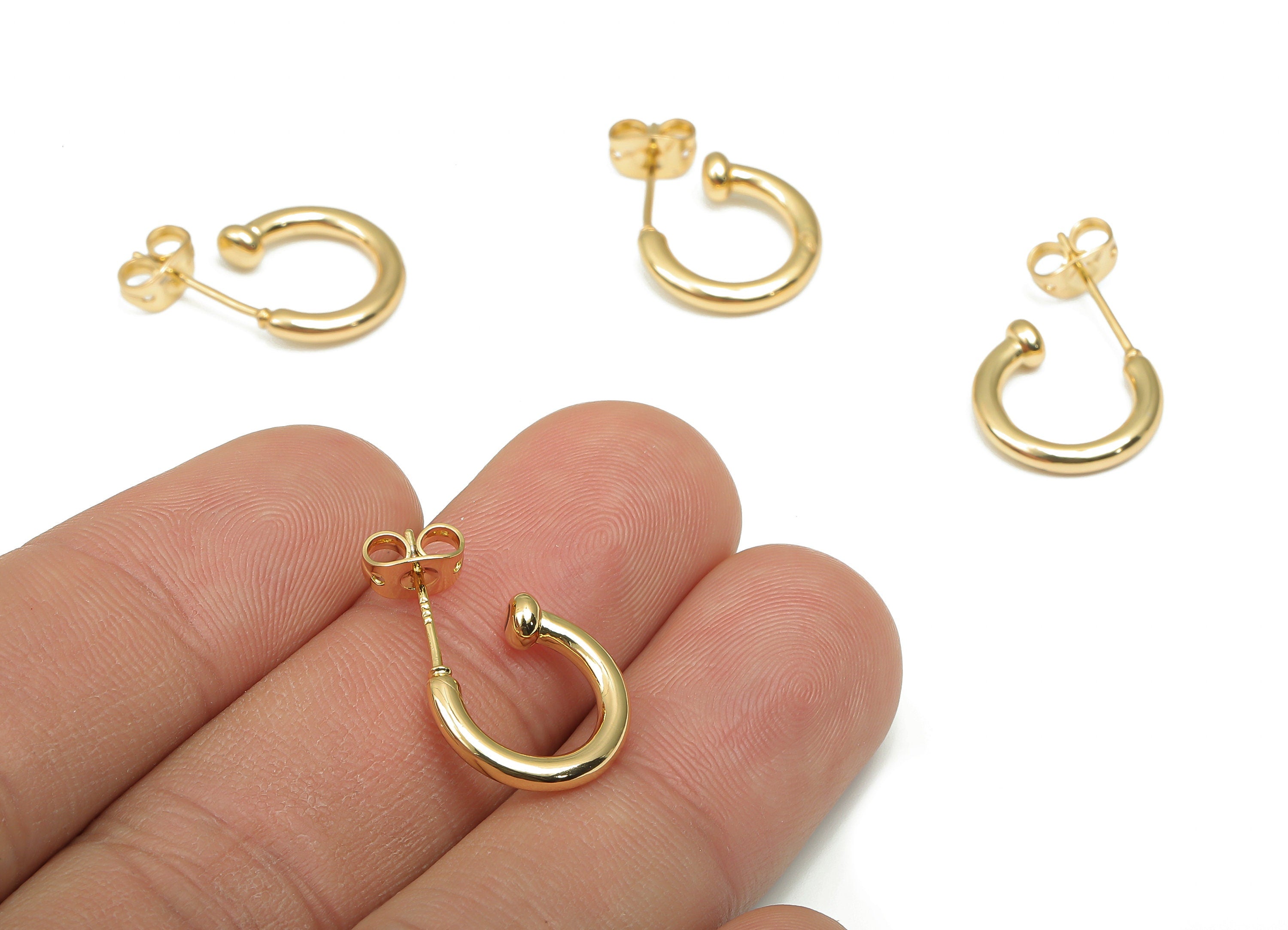 Brass Open Hoop Earring - Brass C Hoop Earring - Imitation Silver Stud - 18K Real Gold Plated Brass Stud Earring - 13.6x12.1x3.5mm - RGP4542 - DOMEDBAZAAR