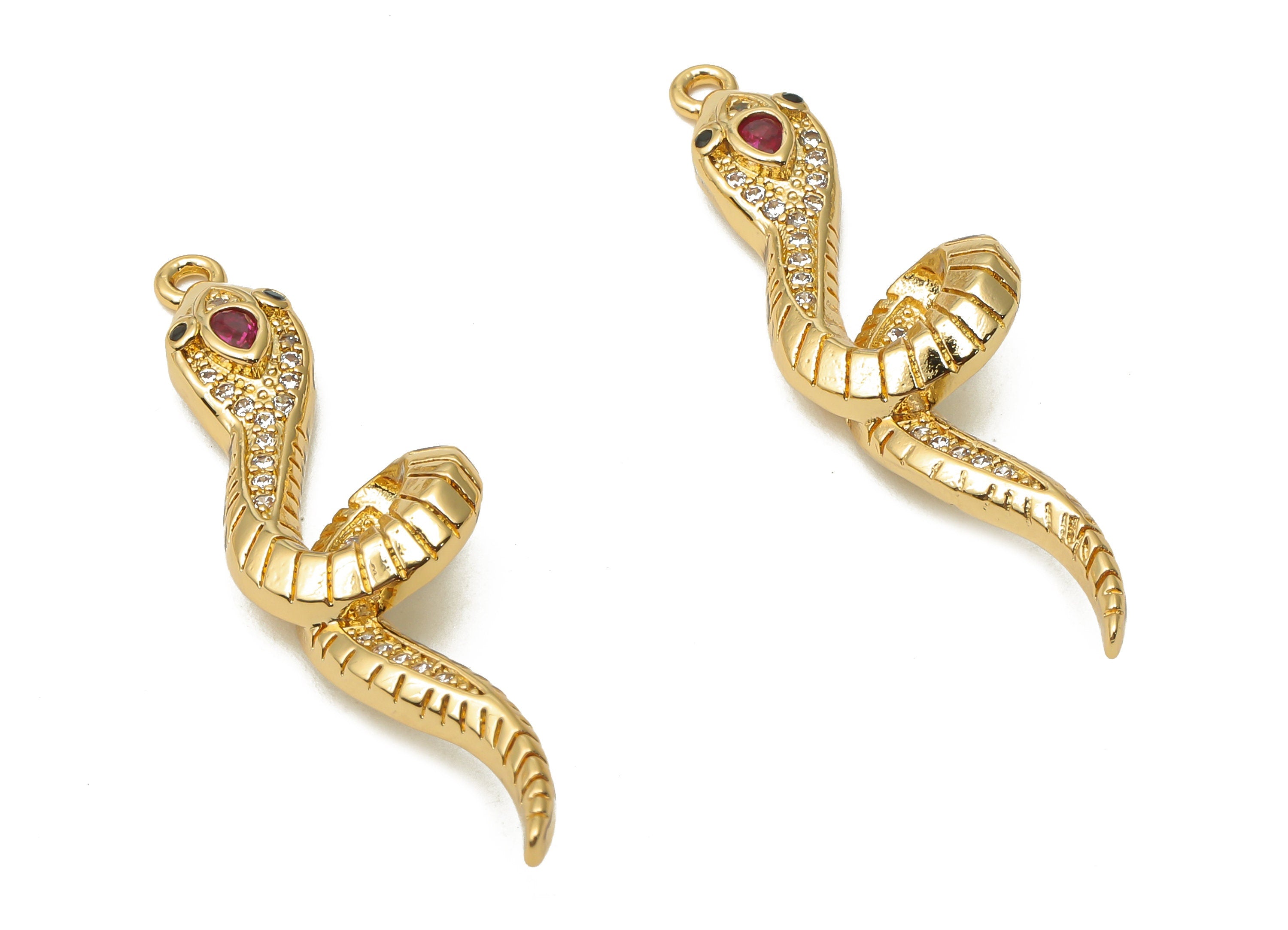 Brass Snake Pendant - Brass Snake Textured Necklace with Zircons - Snake Charm - 18K Real Gold Plated - 39.2x11.08x2.04mm - RGP4912 - DOMEDBAZAAR