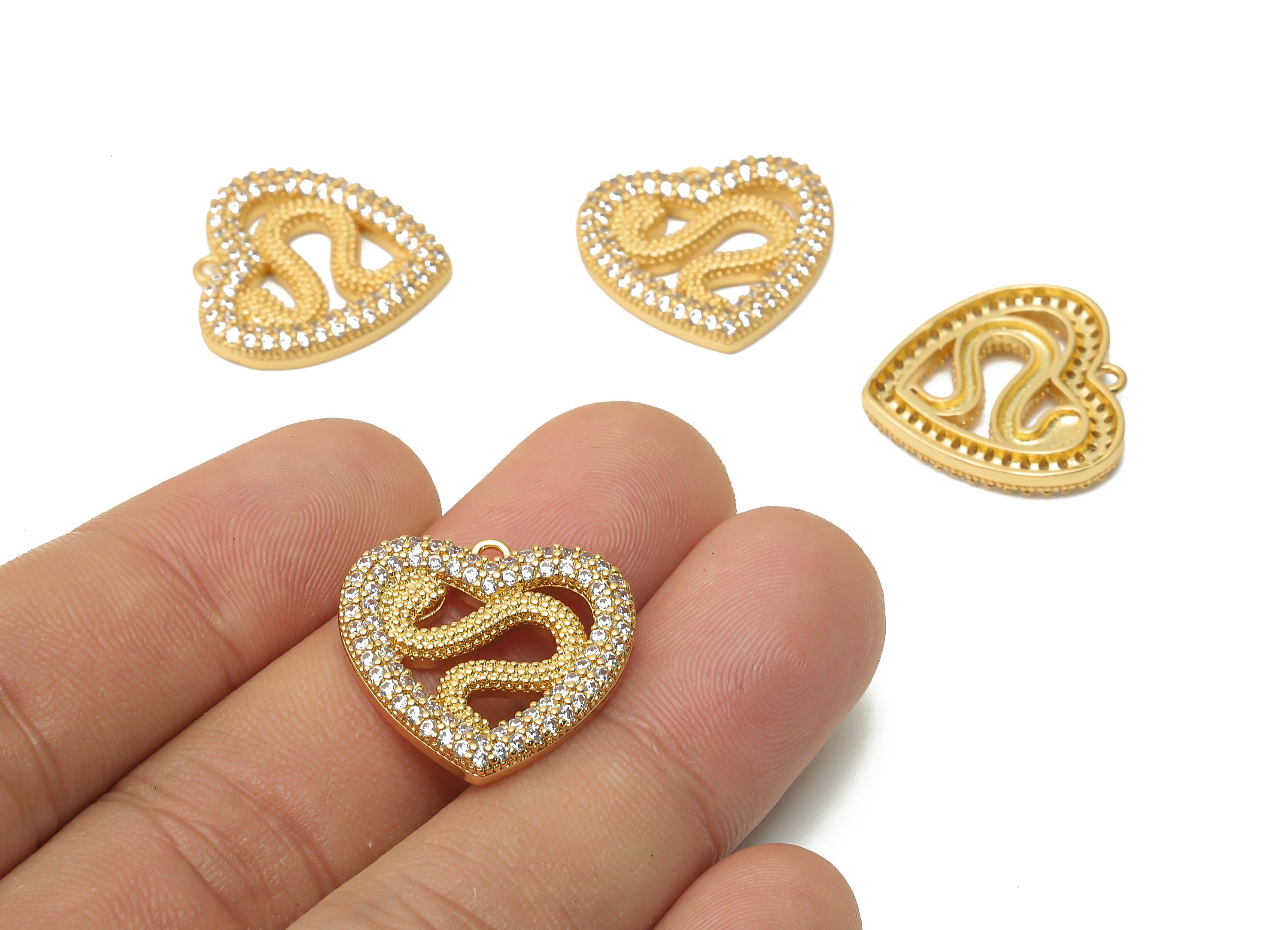 Brass Snake Earring with Zircons - Brass Snake Necklace - Heart Pendant - Snake Pendant - 18K Real Gold Plated - 21.29x21.07x3mm - RGP4914 - DOMEDBAZAAR