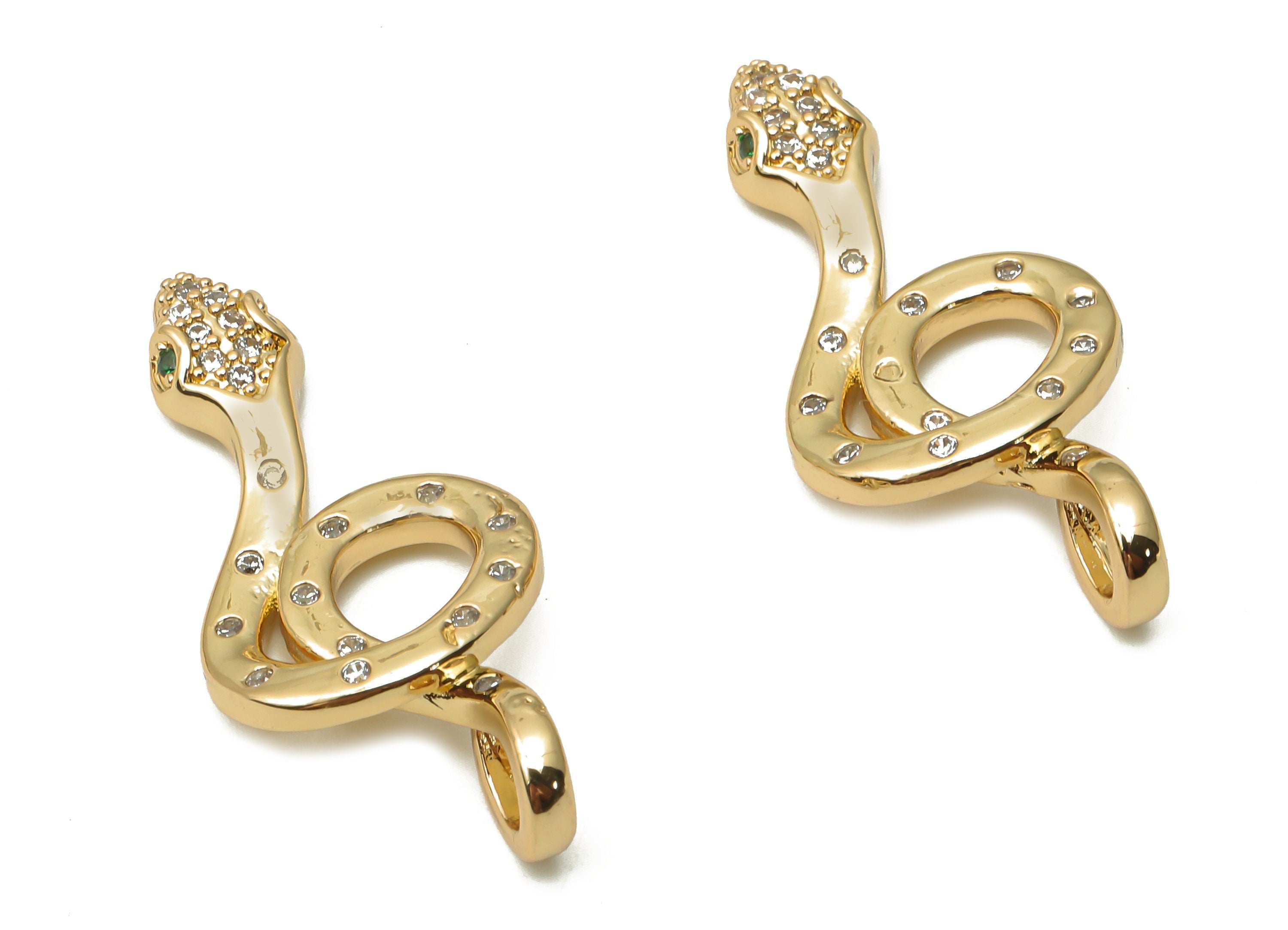 Brass Green Eye Snake Charms - Brass Dot Snake Necklace with Zircons - Snake Pendant - 18K Real Gold Plated - 31.29x13.83x2.97mm - RGP4915 - DOMEDBAZAAR