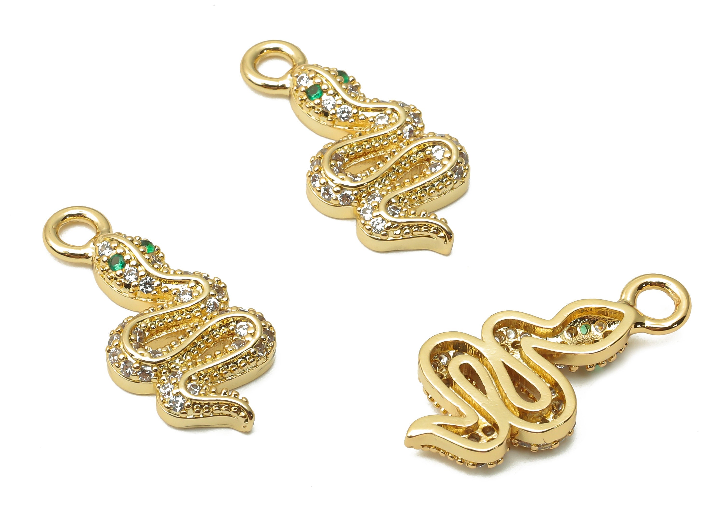 Brass Green Eye Snake Earring Charms - Brass Dot Snake Pendant with Zircon - For Necklace - 18K Real Gold Plated -21.93x10.03x3.16mm-RGP4916 - DOMEDBAZAAR