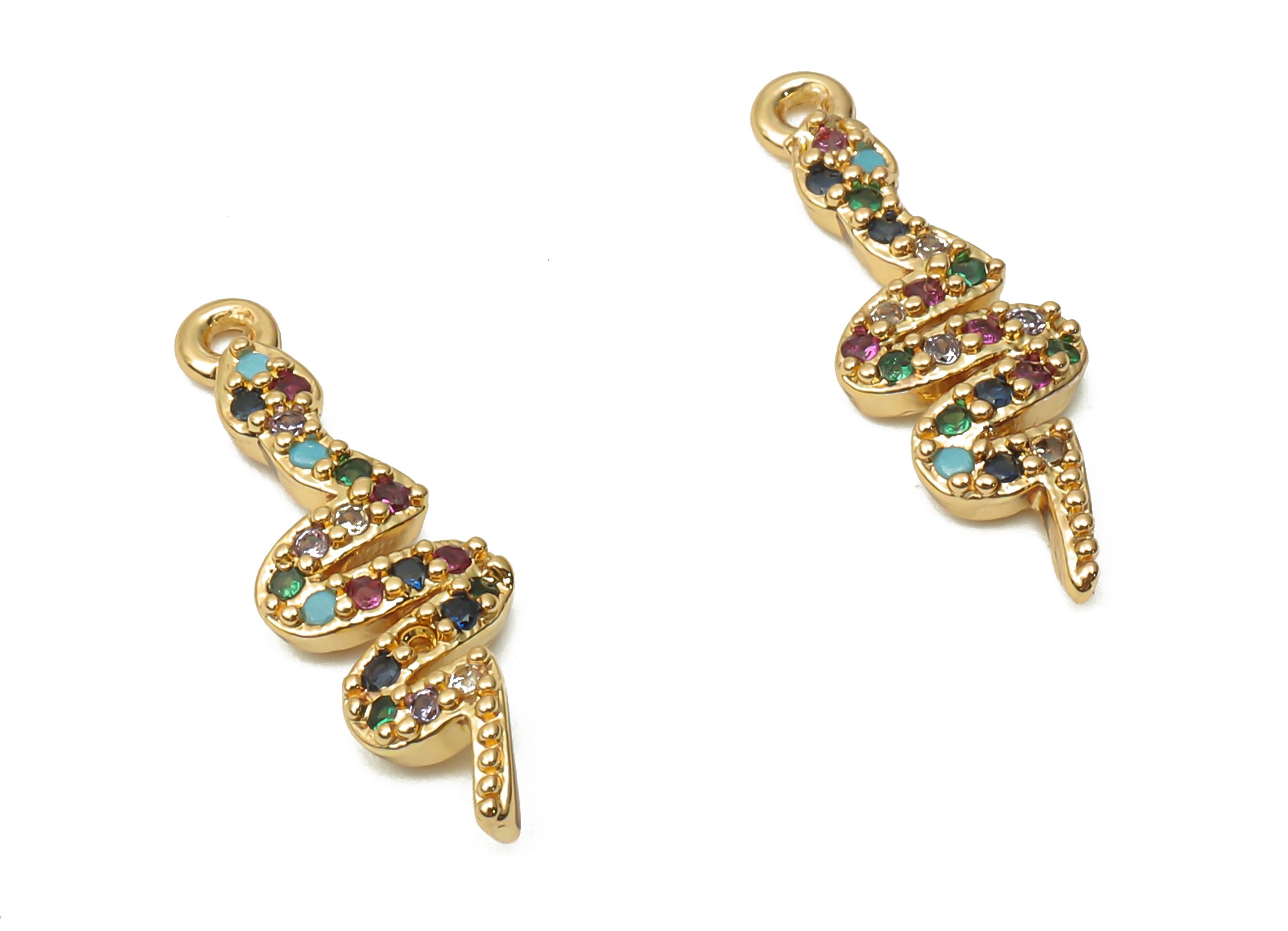 Brass Snake Earring Charms - Brass Rainbow Snake Pendant with Zircons - For Necklace- 18K Real Gold Plated - 17.9x5.6x1.66mm - RGP4927 - DOMEDBAZAAR