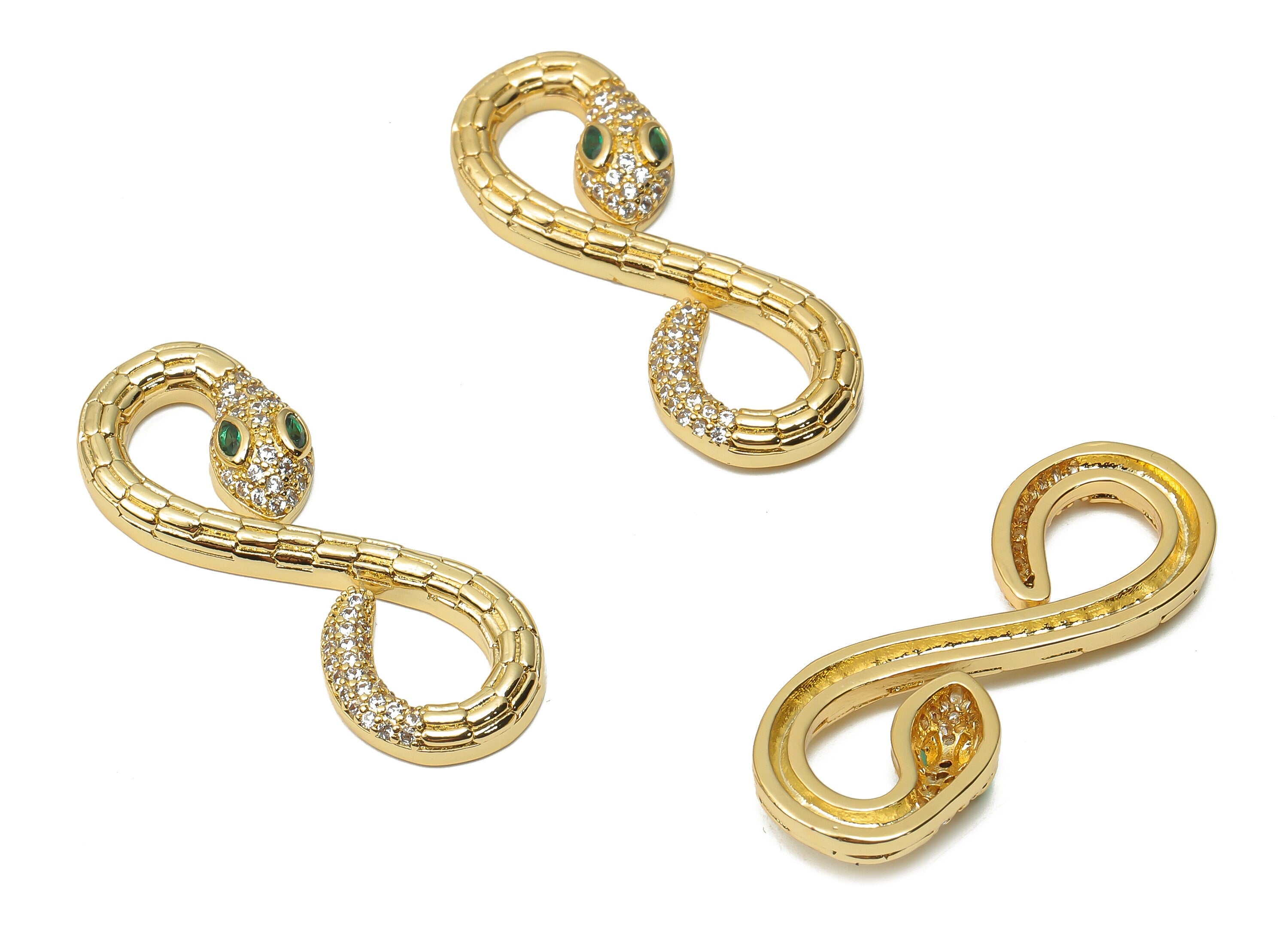 Brass Infinity Snake with Zircons - Brass Textured Green Eye Snake Earring - Snake Pendant - 18K Real Gold Plated -34x12.34x3.66mm - RGP4929 - DOMEDBAZAAR