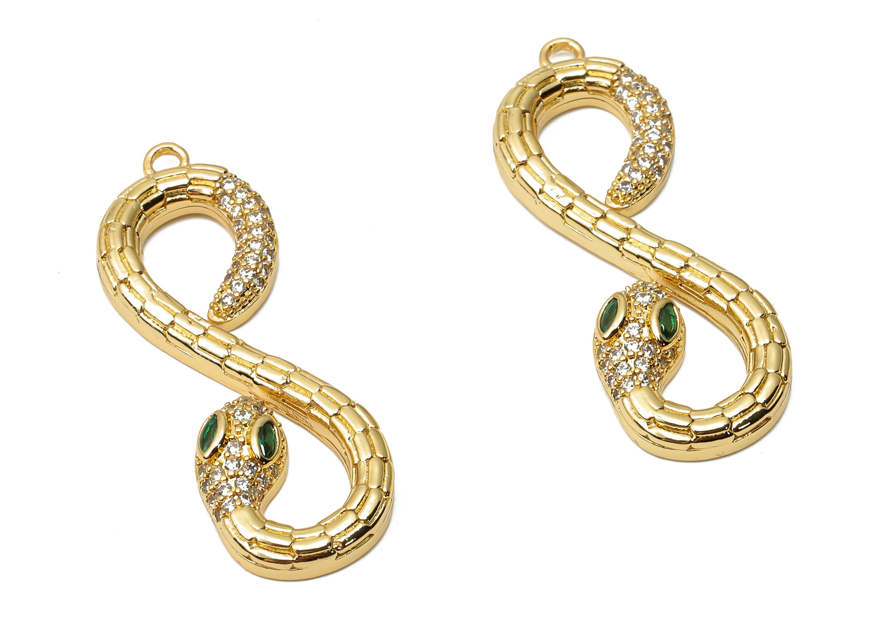 Brass Infinity Snake with Zircons - Brass Textured Green Eye Snake Earrings With Loop - 18K Real Gold Plated -36.55x12.38x2.78mm - RGP4930 - DOMEDBAZAAR