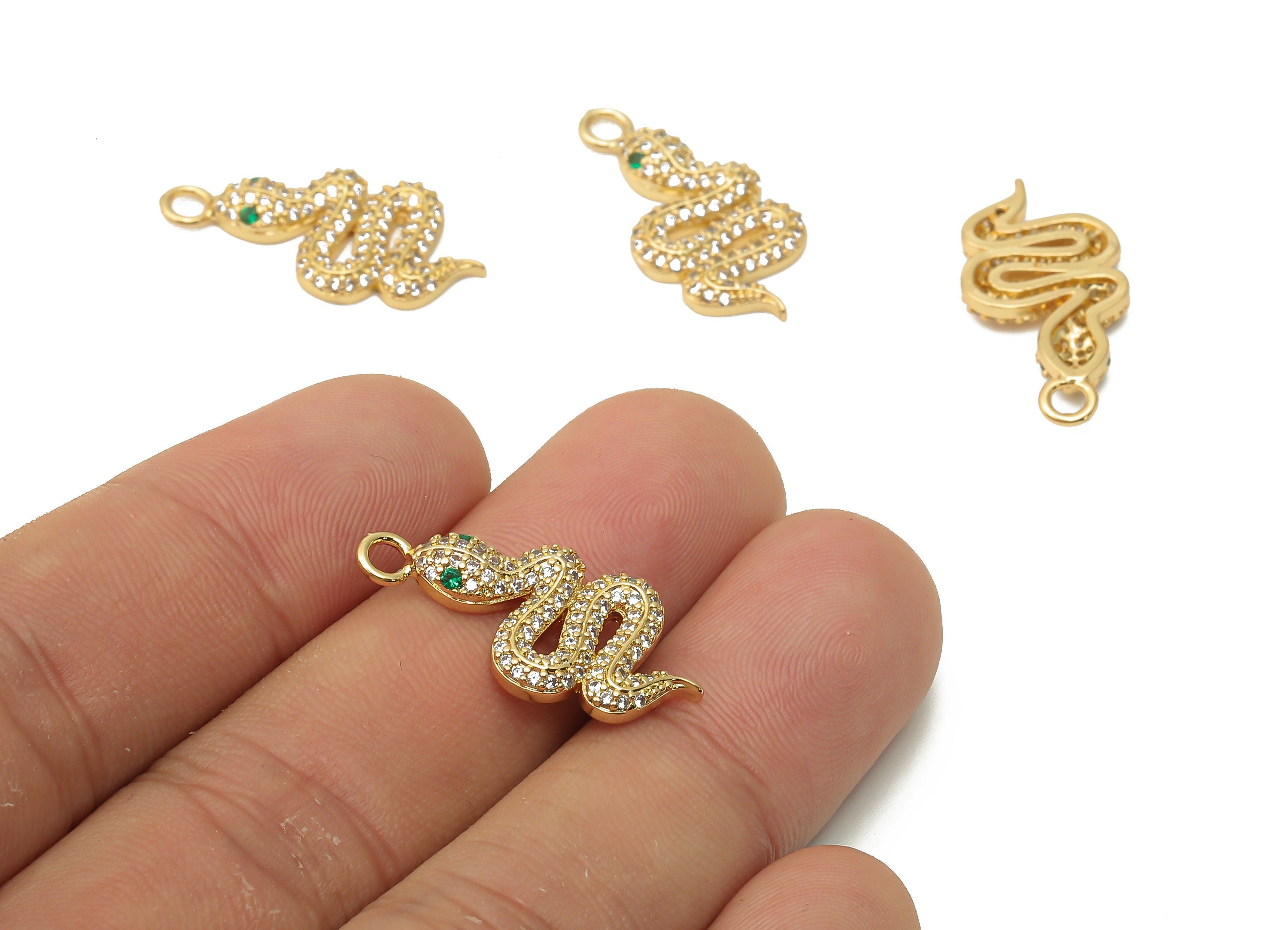 Brass Snake Earrings with Zircon - Brass Snake Pendant - Green Eye Snake For Necklace - 18K Real Gold Plated - 25.4x12.34x3.02mm - RGP4933 - DOMEDBAZAAR