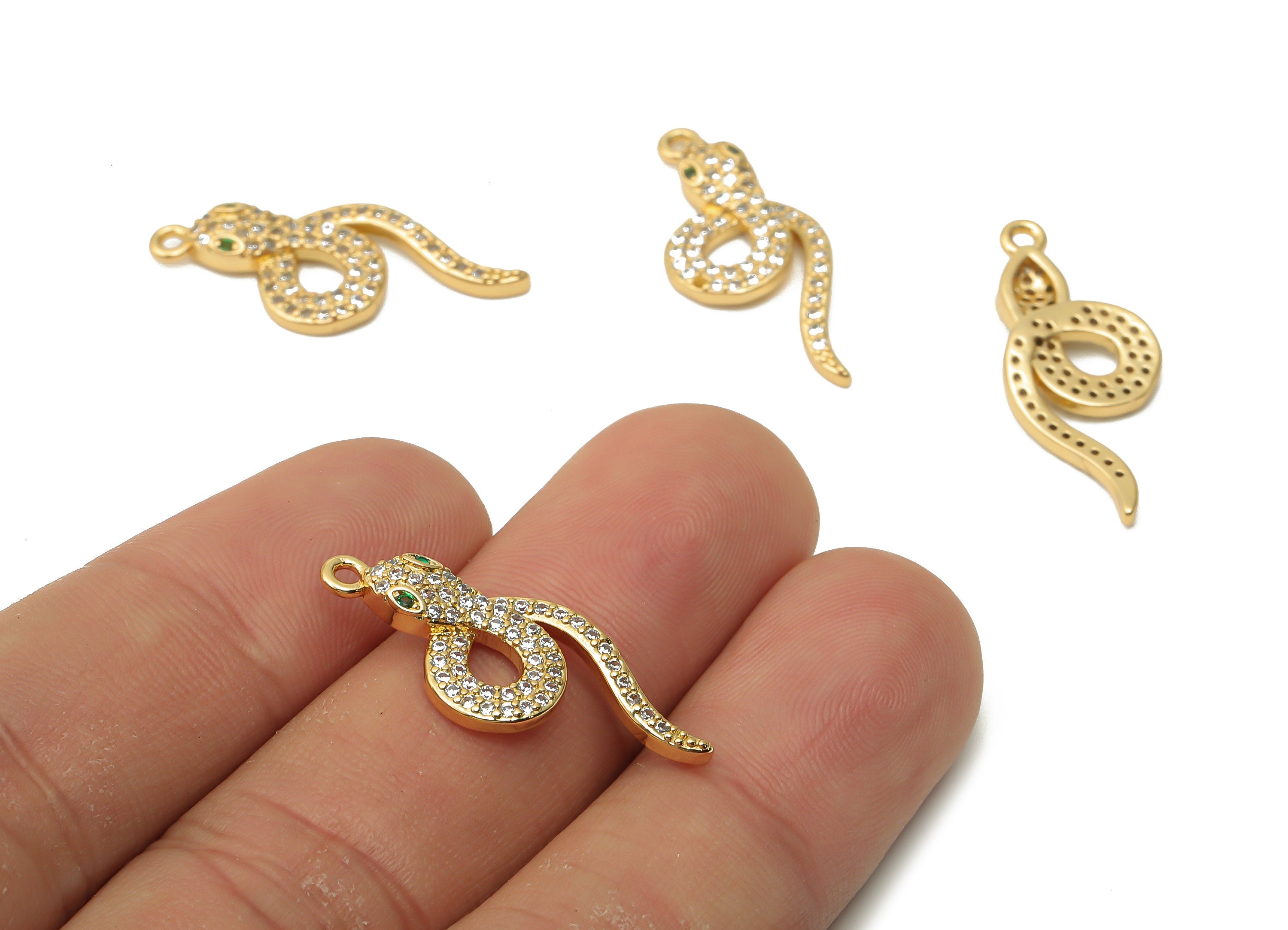 Brass Snake Earring Charms - Brass Snake Pendant with Zircons - Brass Snake For Necklace - 18K Real Gold Plated-27.42x11.4x3mm - RGP4934 - DOMEDBAZAAR