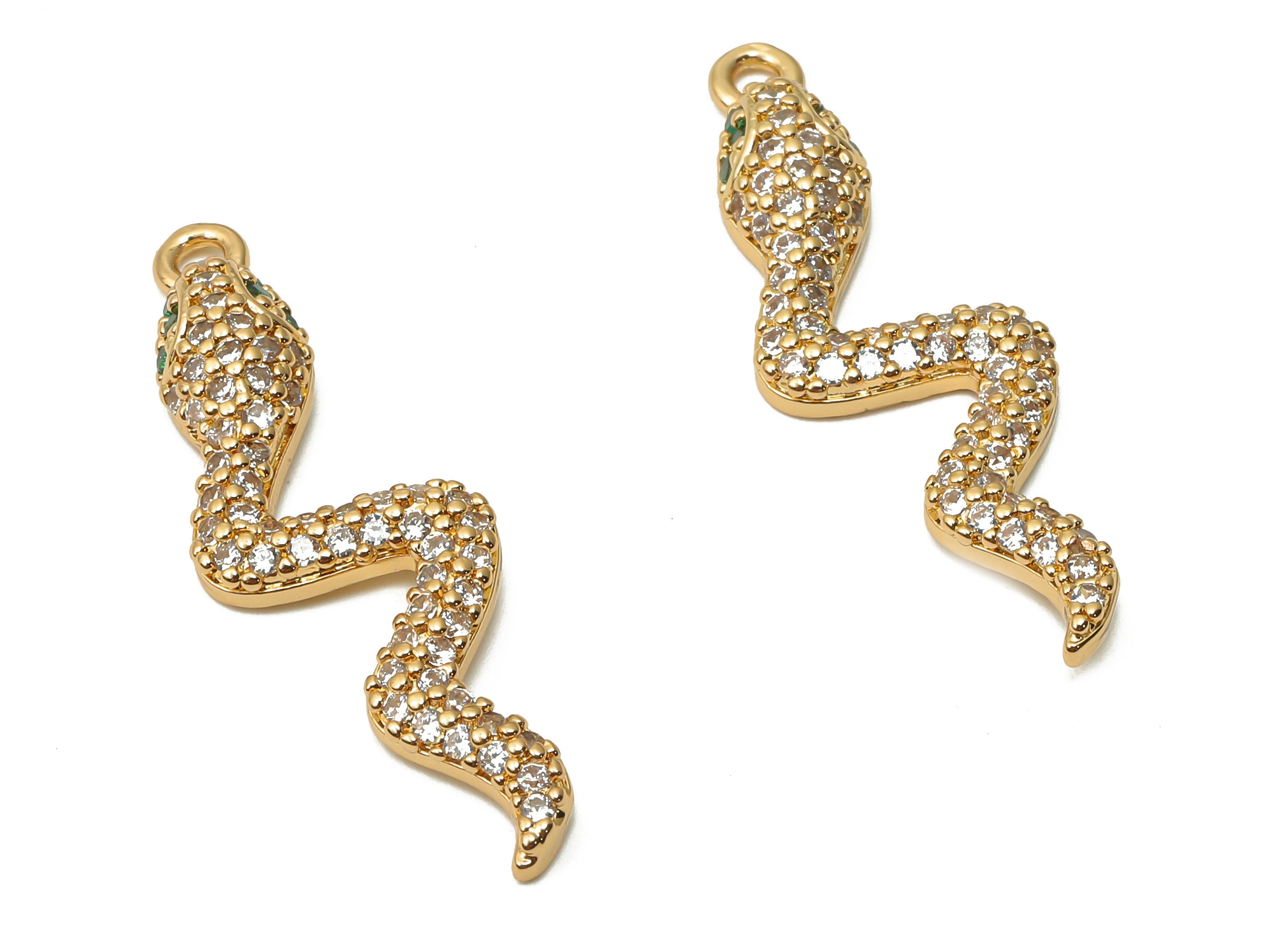 Brass Mini Green Eye Snake Earrings with Zircons -Brass Young Snake Pendant - For Necklace - 18K Real Gold Plated-31.82x9.74x3.48mm -RGP4935 - DOMEDBAZAAR