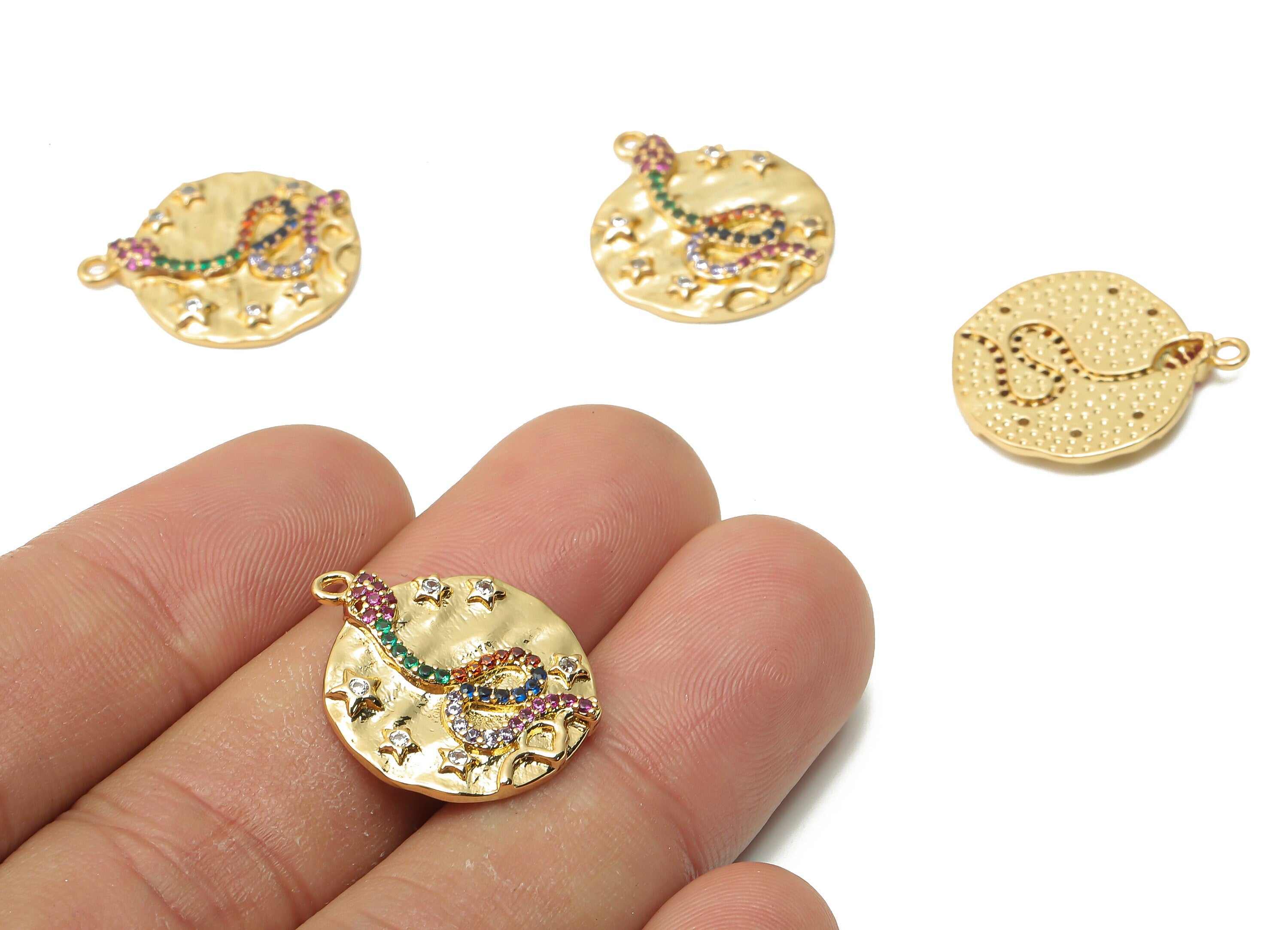 Brass Round Snake Earring Charms - Brass Rainbow Snake Pendant with Zircon - Star Necklace - 18K Real Gold Plated -21.8x18.61x2.46mm-RGP4937 - DOMEDBAZAAR