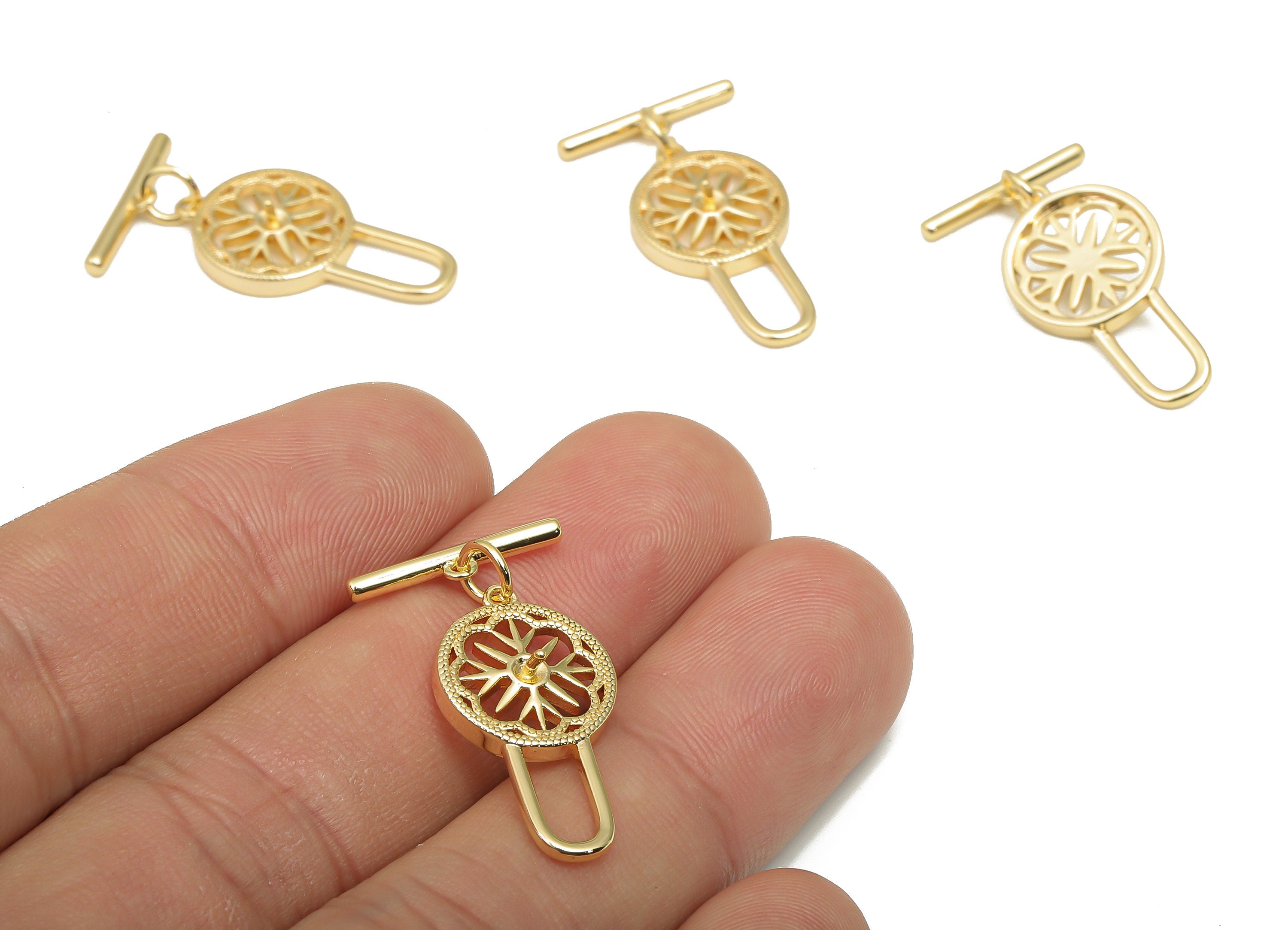 Brass Toggle Clasp - Round Flower Toggle Clasp with Loop - For Necklace - Bracelet - 18K Real Gold Plated Brass - 28.915.48x1.8mm - RGP4562 - DOMEDBAZAAR