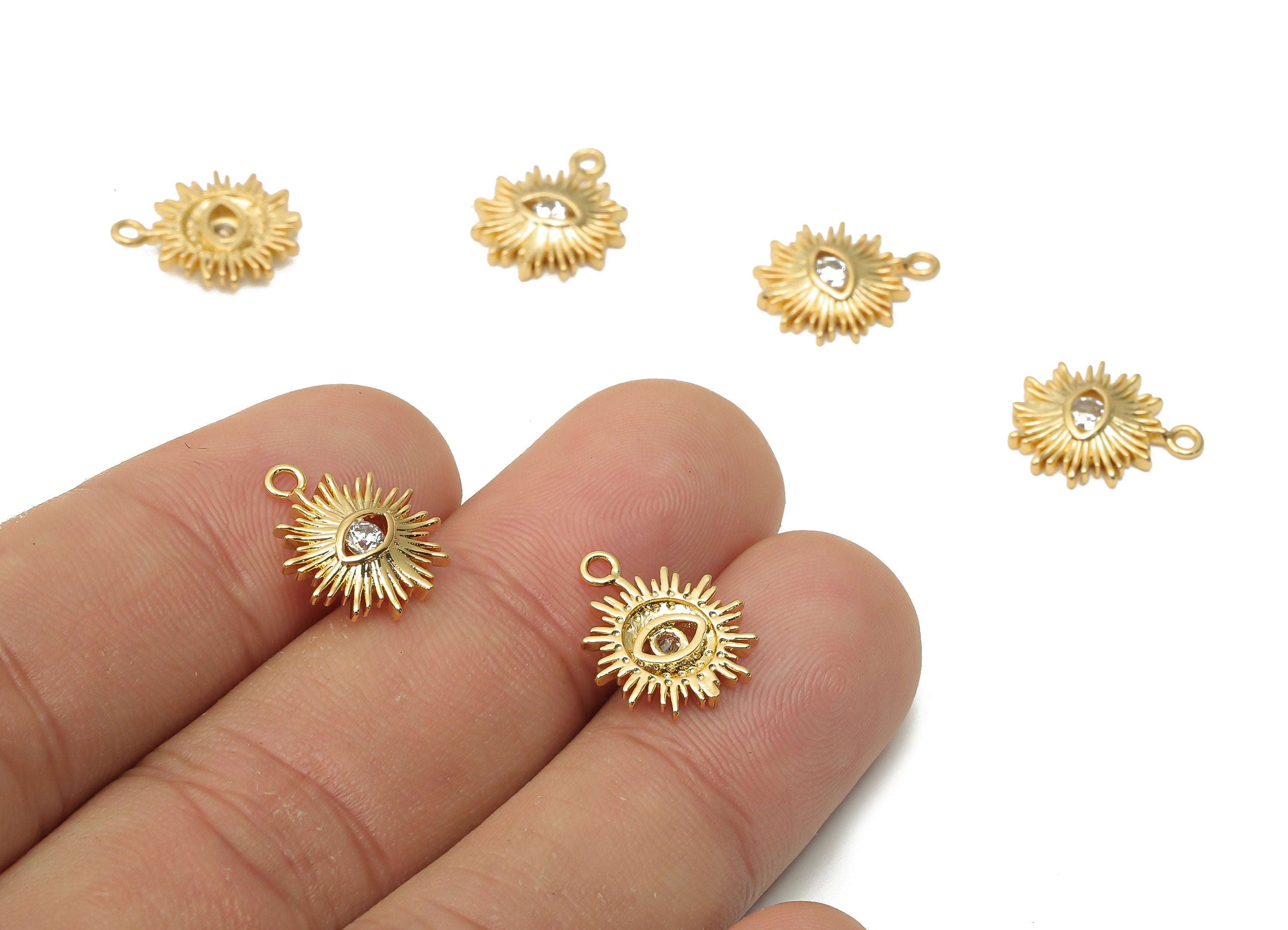 Brass Mini Sun Eye Earring Charms With Zircon - Brass Eye Pendant - Mini Sun For Bracelet - 18K Real Gold Plated -14.33x12.06x2.24mm-RGP4943 - DOMEDBAZAAR