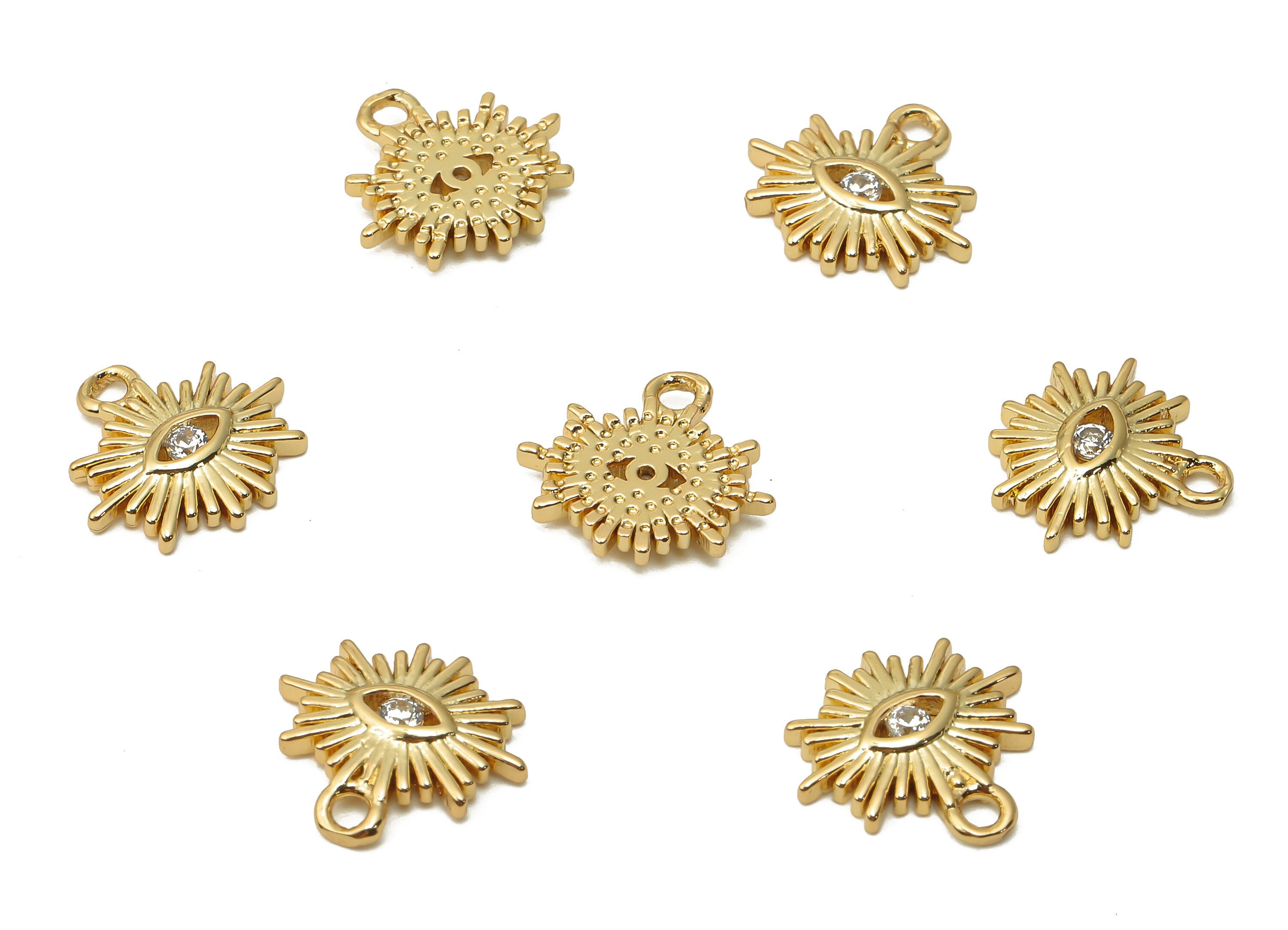rass Mini Sun Eye Earring Charms With Zircon - Brass Eye Pendant - Mini Sun For Bracelet - 18K Real Gold Plated -12.03x11.39x1.8mm - RGP4944 - DOMEDBAZAAR