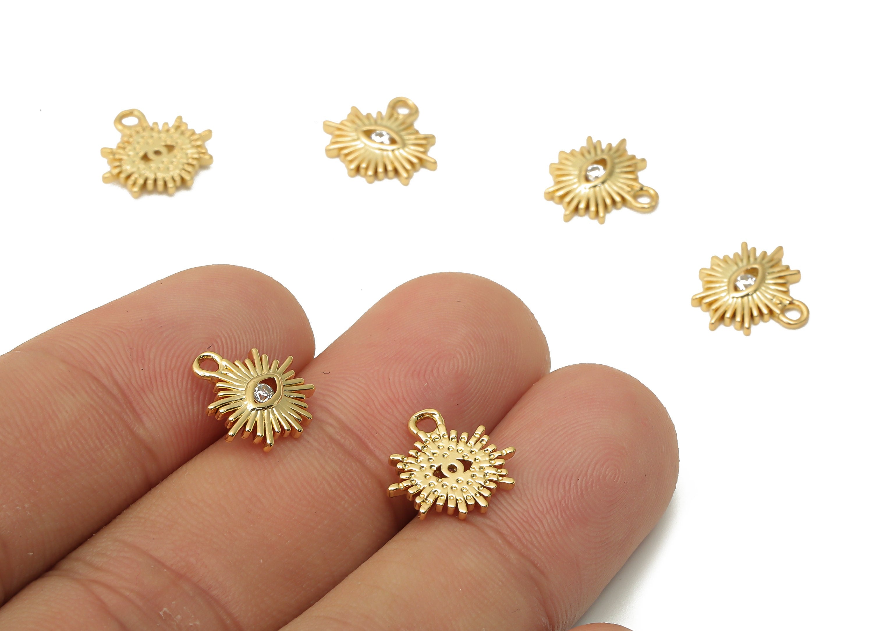 rass Mini Sun Eye Earring Charms With Zircon - Brass Eye Pendant - Mini Sun For Bracelet - 18K Real Gold Plated -12.03x11.39x1.8mm - RGP4944 - DOMEDBAZAAR