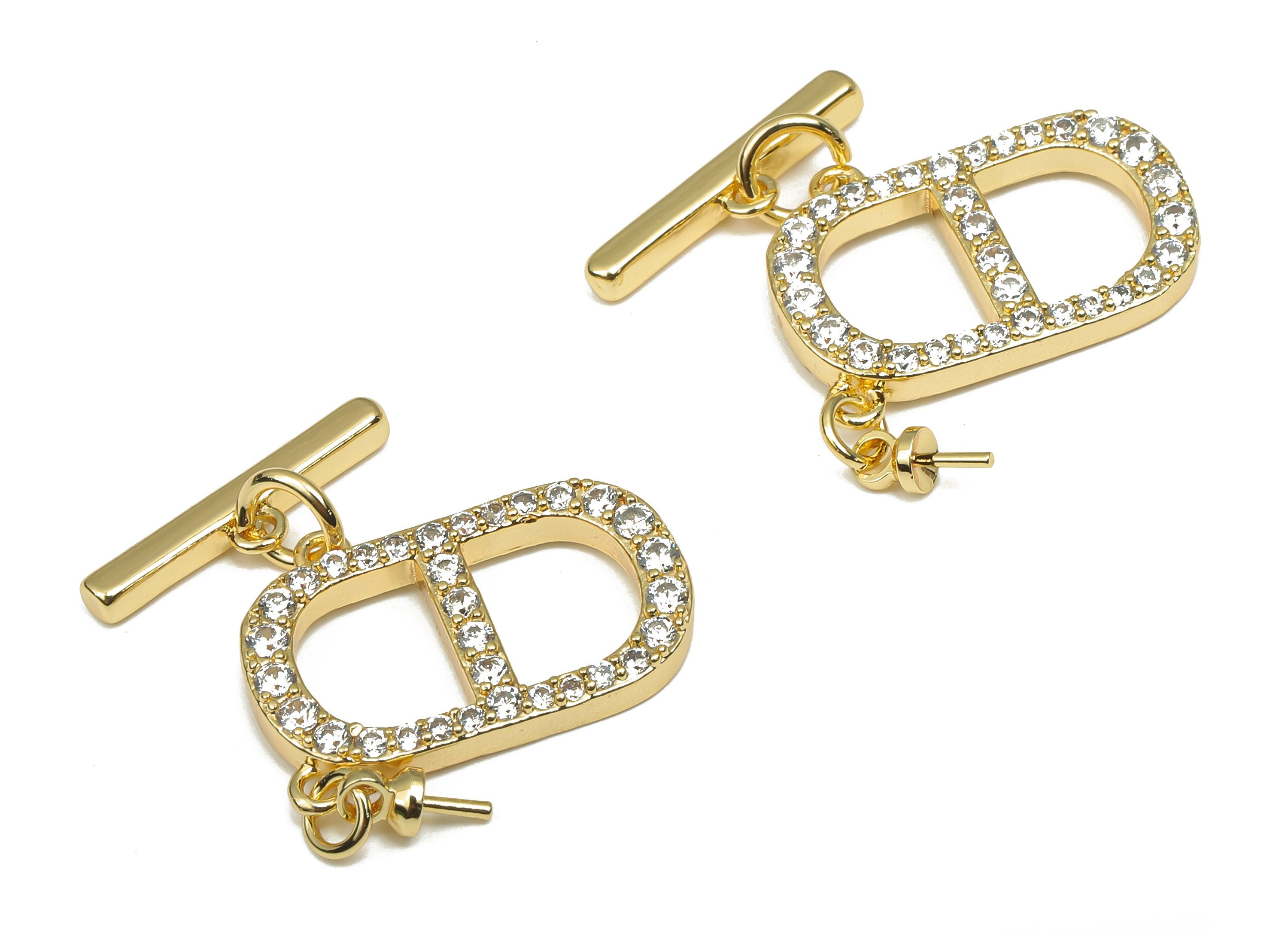Brass Toggle Clasp - Brass Oval Toggle Clasp with Zircon - Toggle Bracelet Clasp - 18K Real Gold Plated Brass - 22.7x18.9x2.8mm - RGP4575 - DOMEDBAZAAR