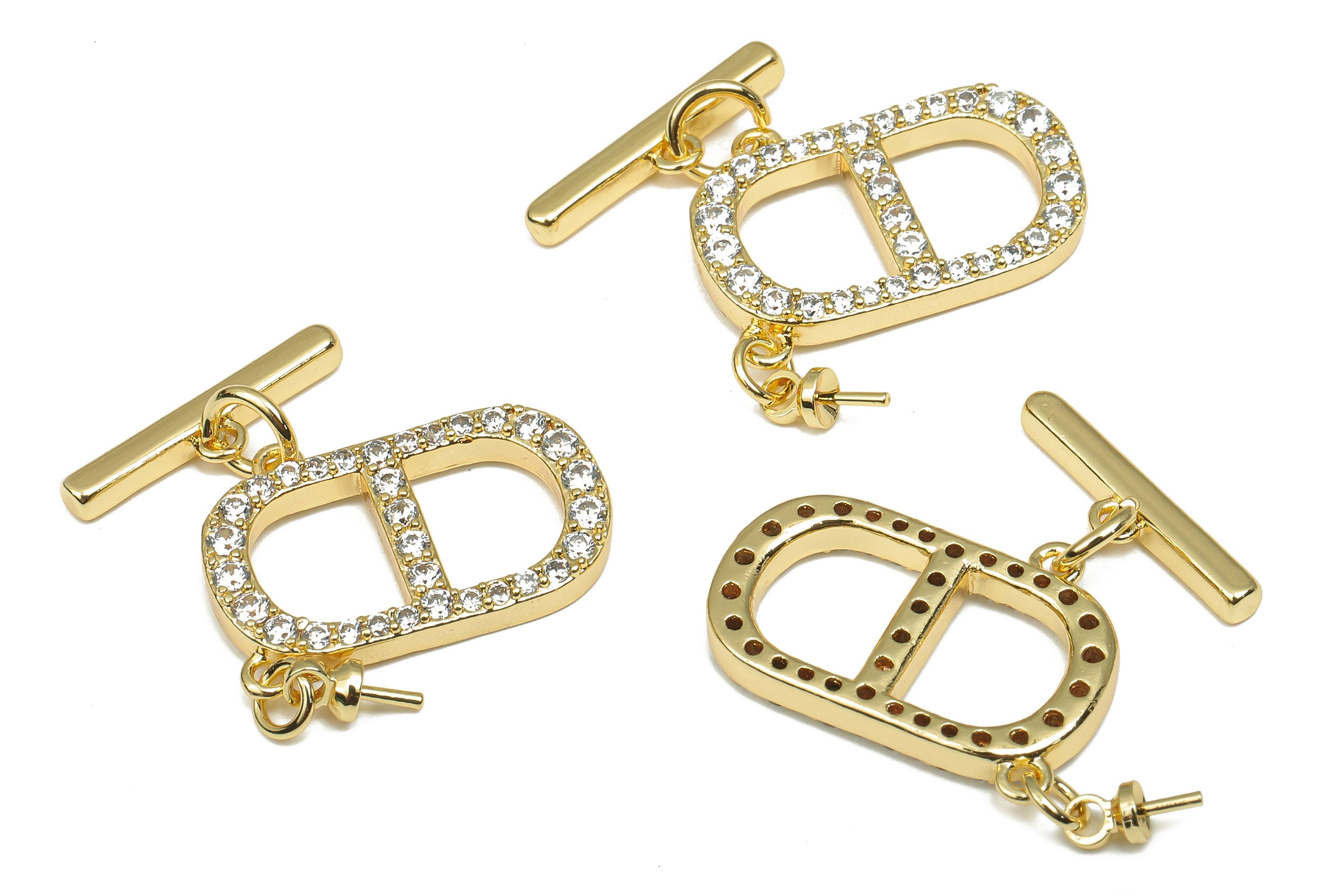 Brass Toggle Clasp - Brass Oval Toggle Clasp with Zircon - Toggle Bracelet Clasp - 18K Real Gold Plated Brass - 22.7x18.9x2.8mm - RGP4575 - DOMEDBAZAAR